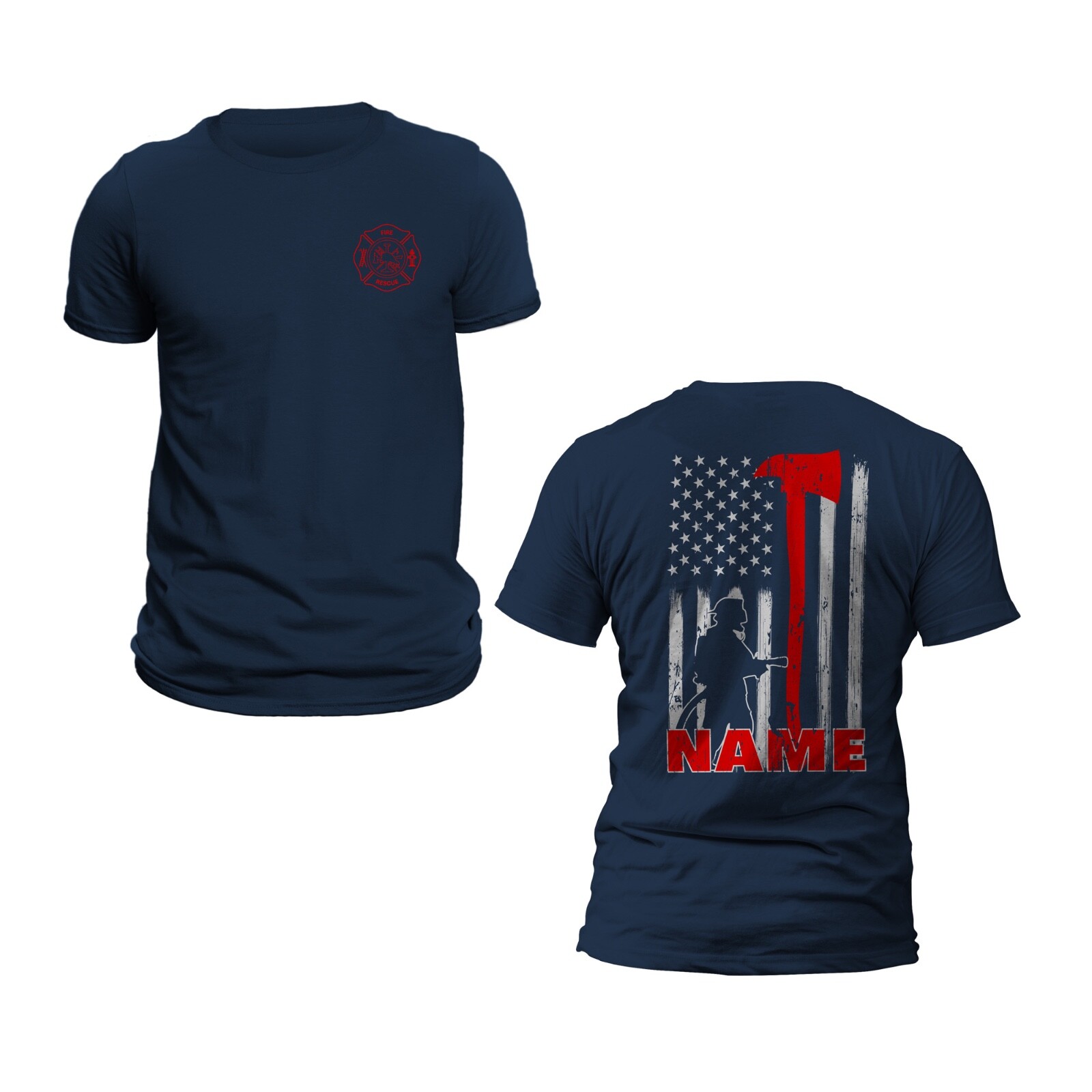 Personalized Firefighter T-Shirt Custom Name Thin Red Line Axe Design