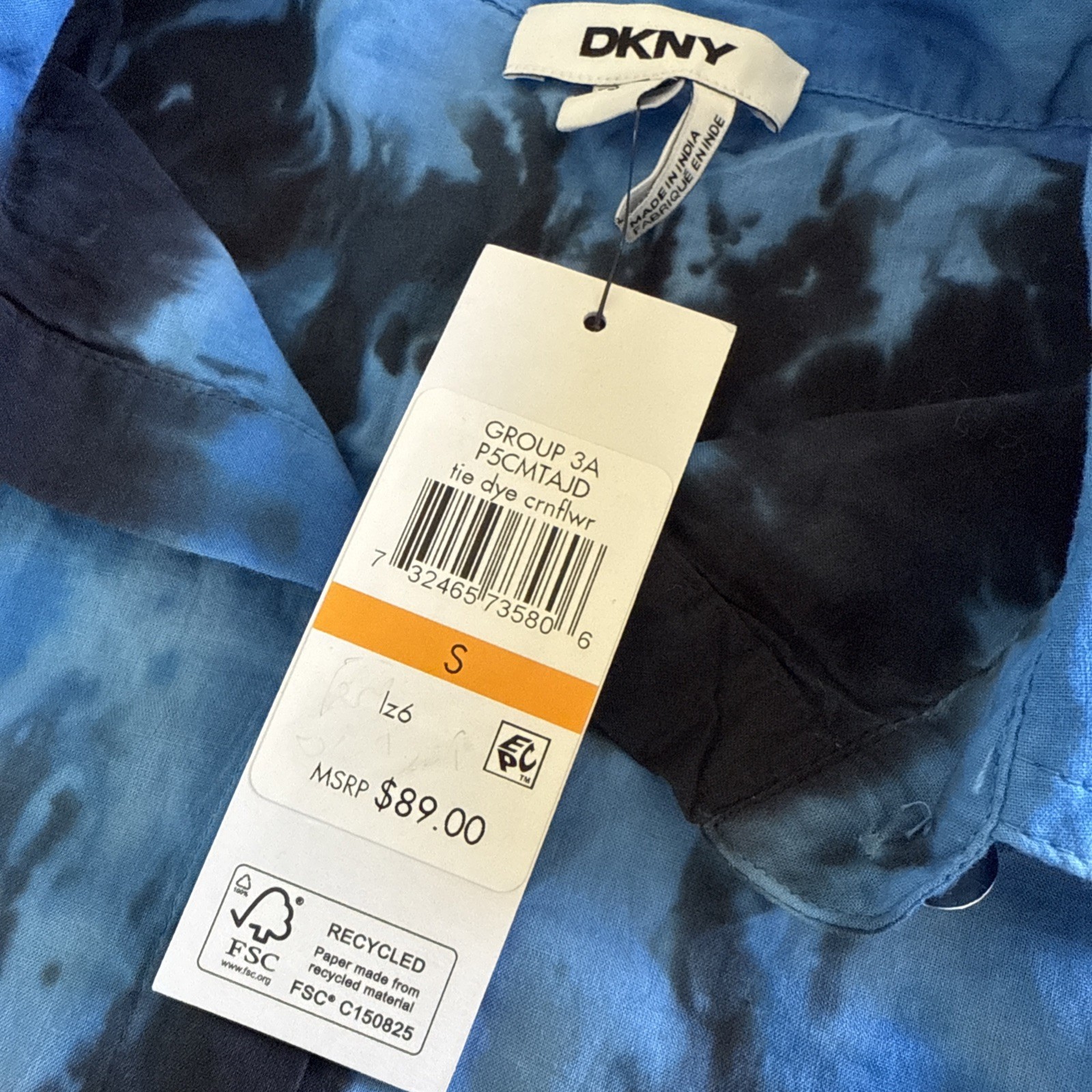 DKNY Women’s Long Sleeve Tie Dye Button Front Shirt Collared Flap Pockets Small