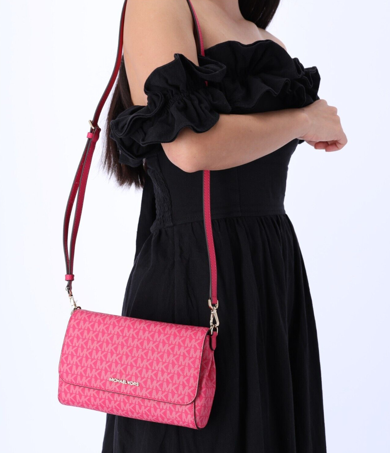 Michael Kors Jet Set Medium Convertible Pouchette Crossbody Electric Pink MK