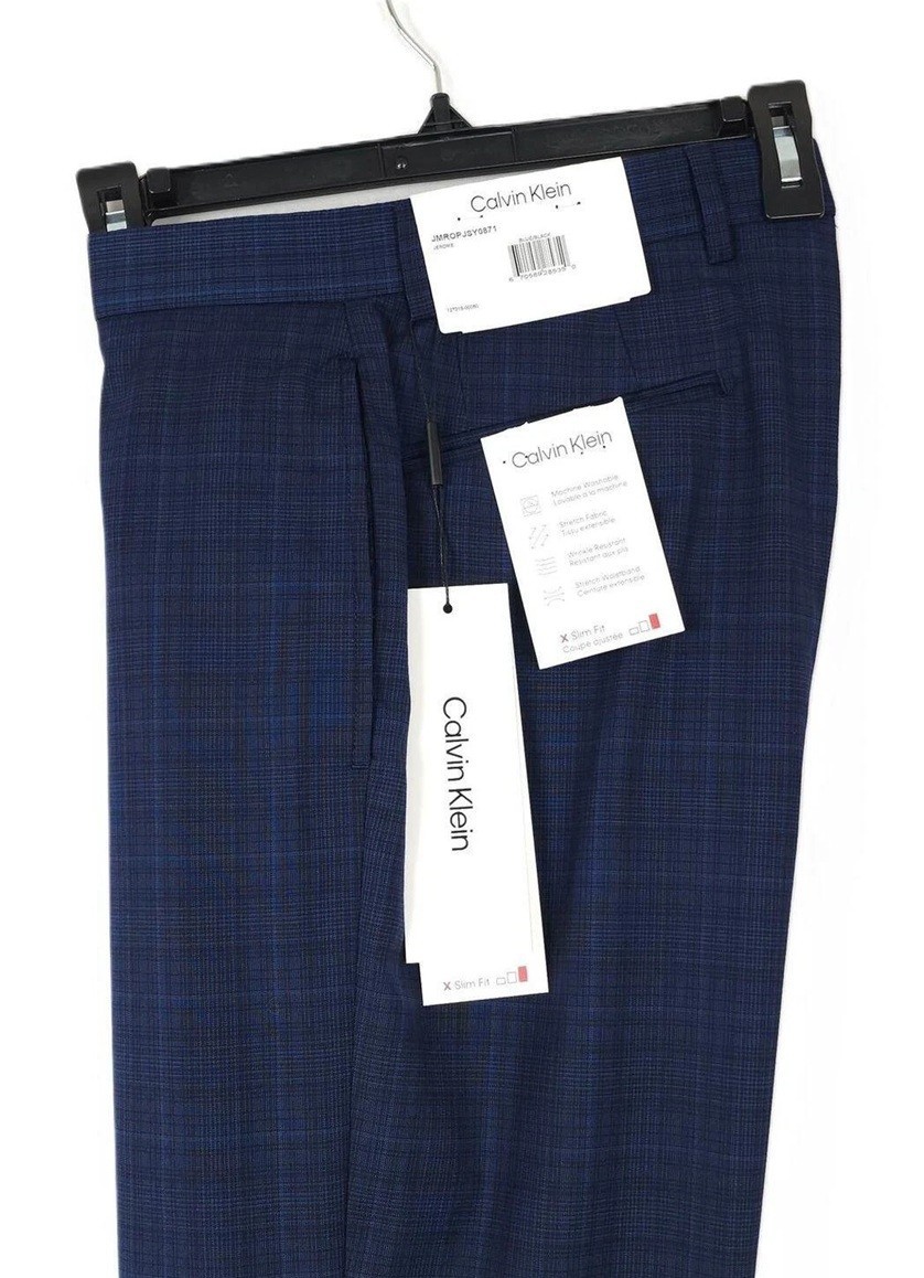 Calvin Klein Mens Slim Fit Dress Pants 40×30 Blue Black Plaid Stretch NWT
