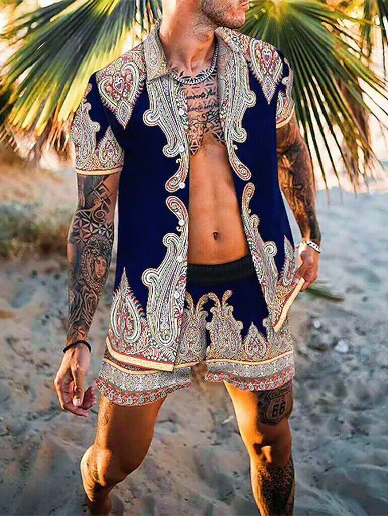 Button Up Shirt Men Paisley Outfit Beach Party Silky Soft Tee Suite & Shorts SET