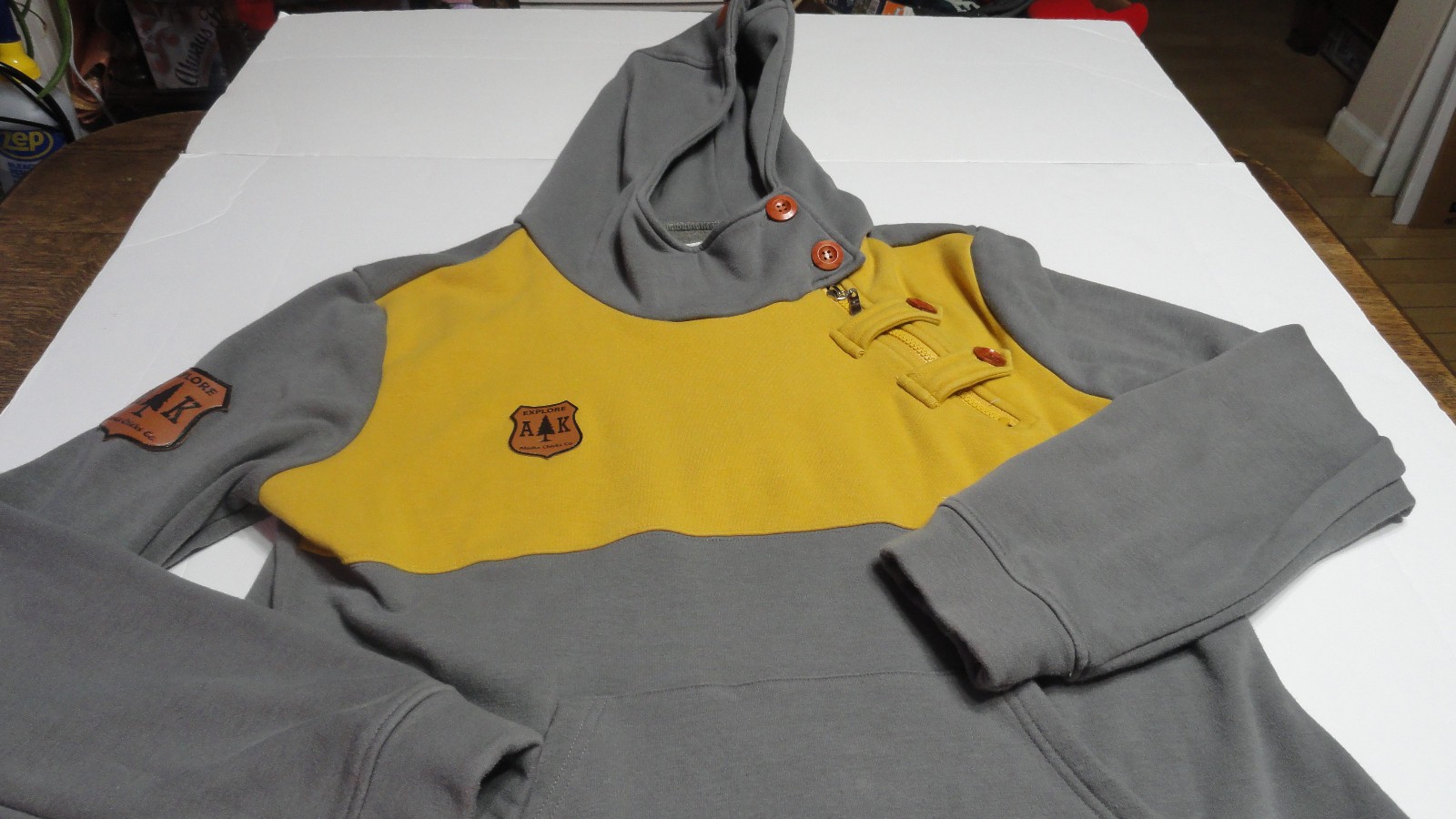 Alaska Chicks Hoodie Sz XL Gray/Mustard Button/Zipper Left Shoulder Enjoy Life