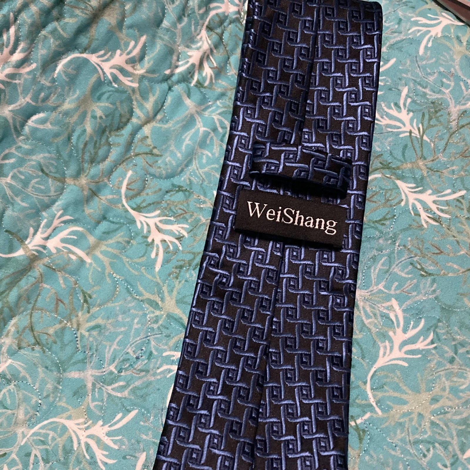 WeiShang Men’s Polyester Tie Blue Black Geometric Woven Logo Pointed