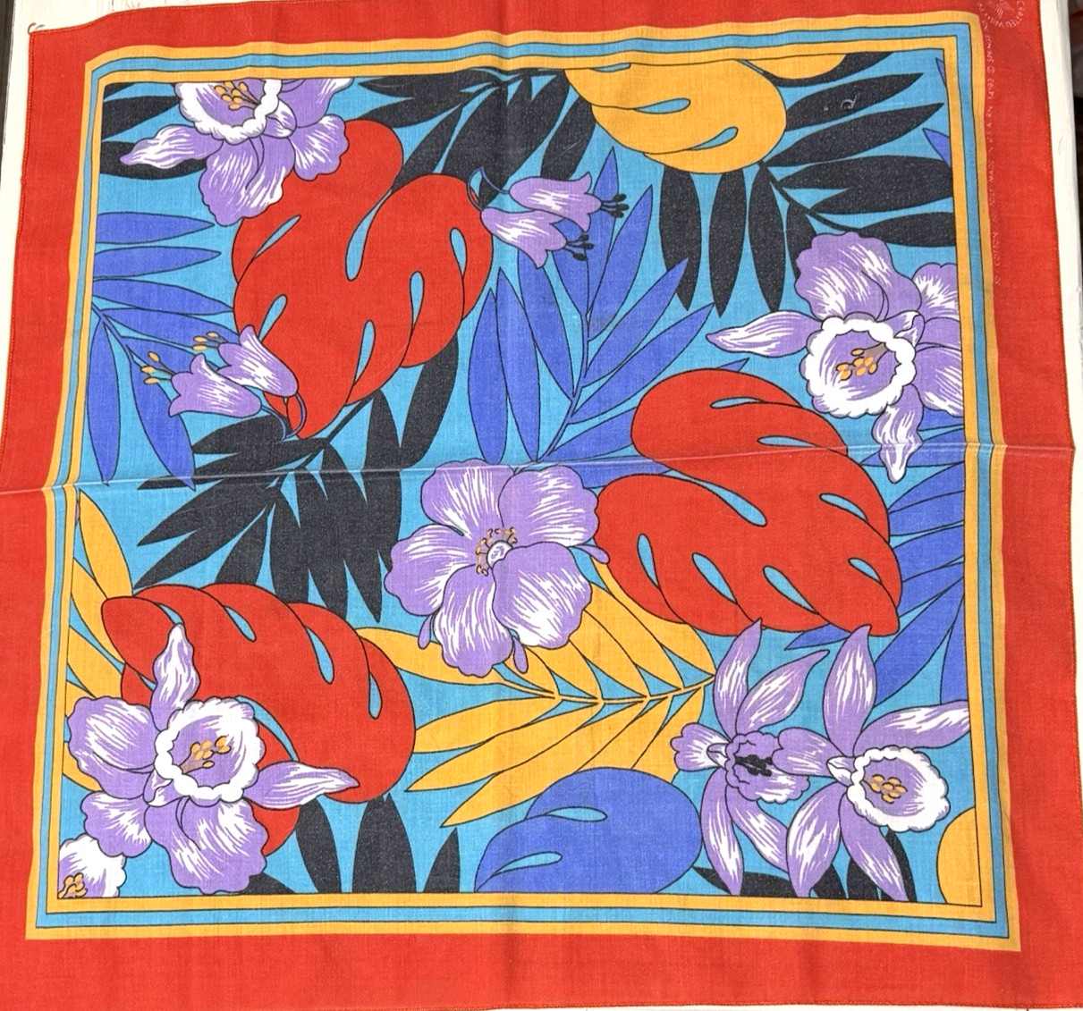 Vintage 22″ x 22″ Tropical Hawaiian Print Scarf 50/50 Poly/Cotton Made in USA