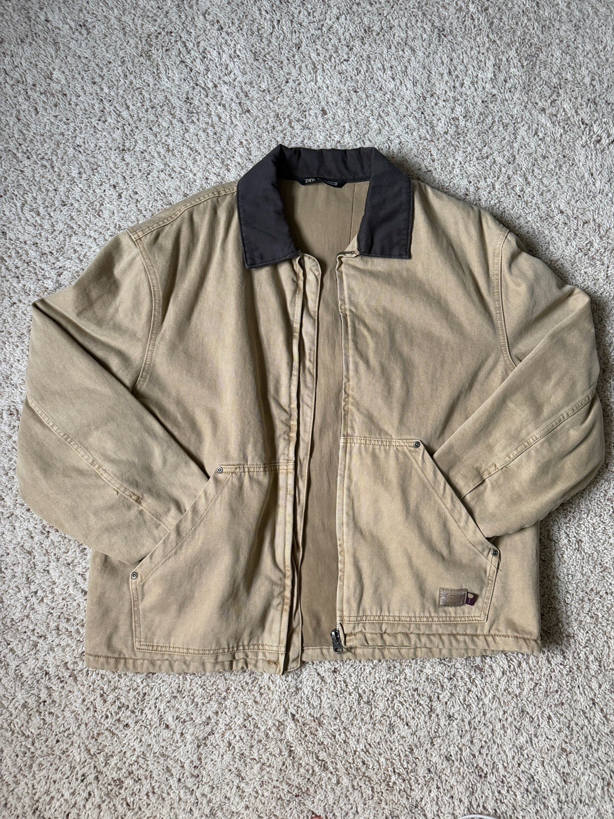 Zara Detroit Jacket XL Beige Canvas Bomber Full Zip Fall/Winter Staple Workwear