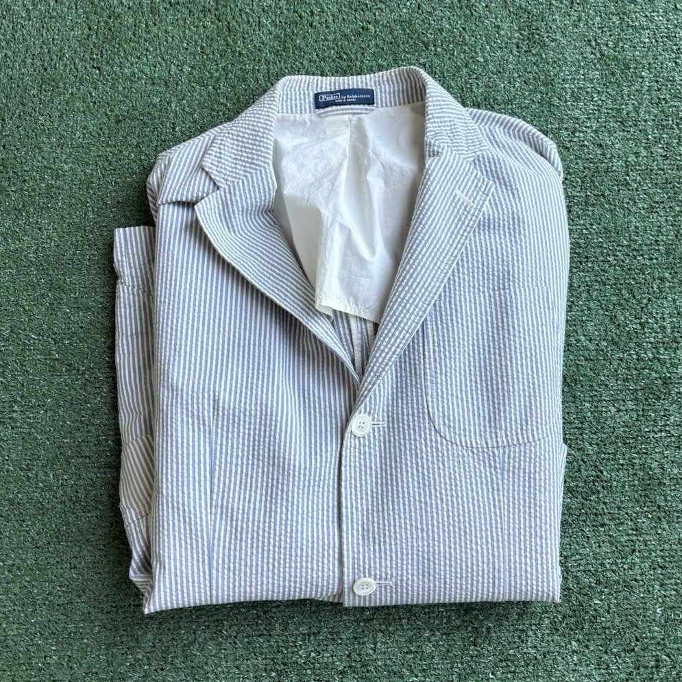 90s Polo by Ralph Lauren Men’s Seersucker Striped Blazer Blue/White 48R
