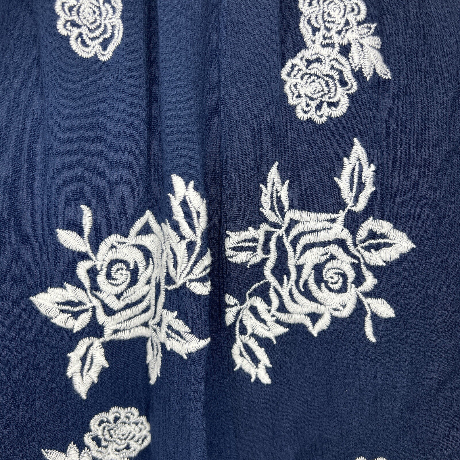 Small Dark Blue White Embroidered Floral Peasant Boho Dress Cold Shoulder