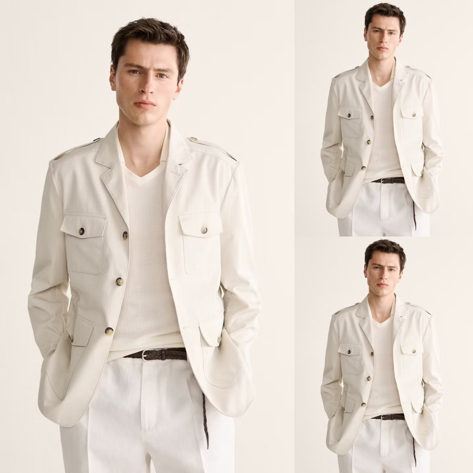 Mens Casual Safari Jacket 2Pcs White Leisure Wear 4 Pockets Business Formal Coat