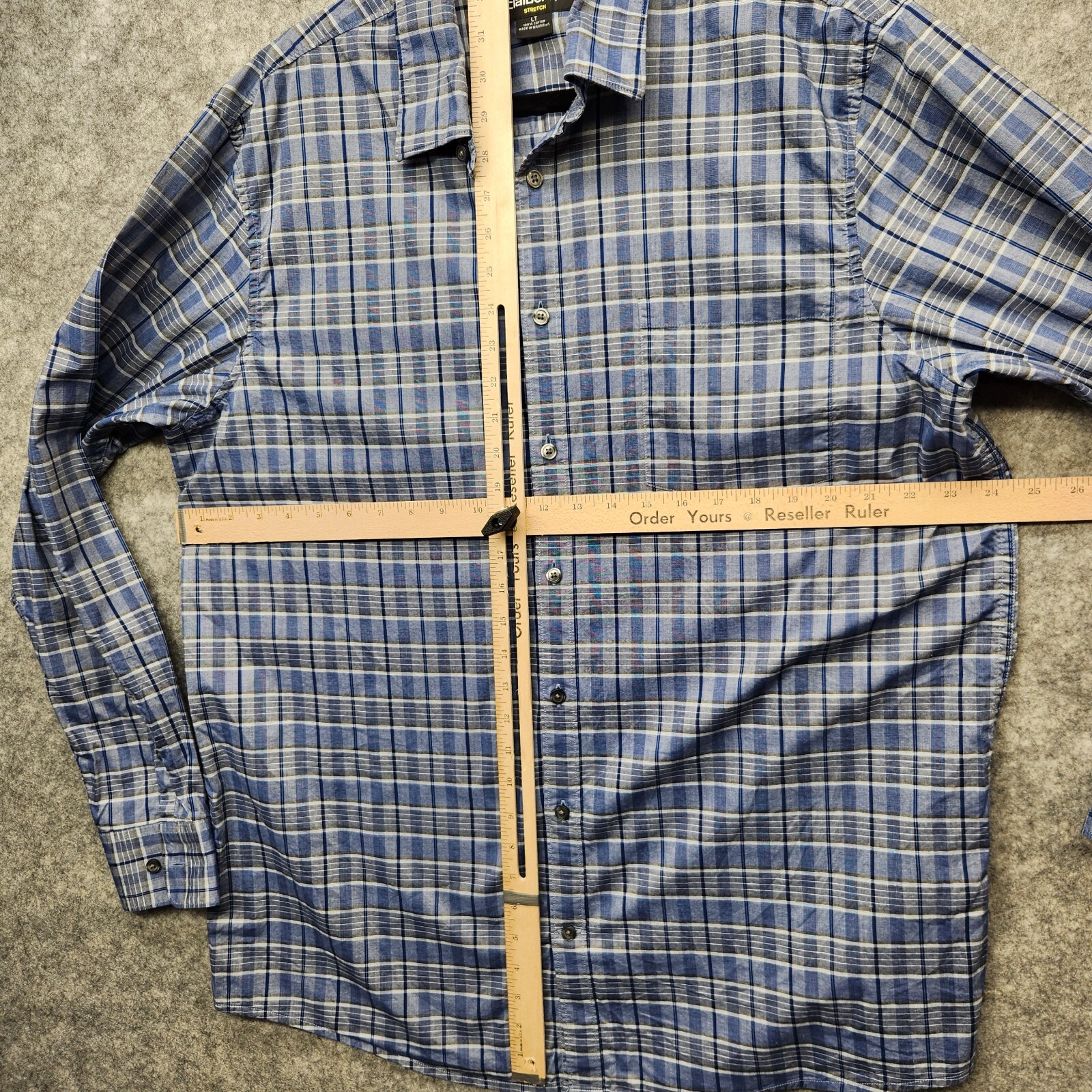 Claiborne Long Sleeve Stretch Size Large Blue,Gray and White Plaid Barrel Cuff