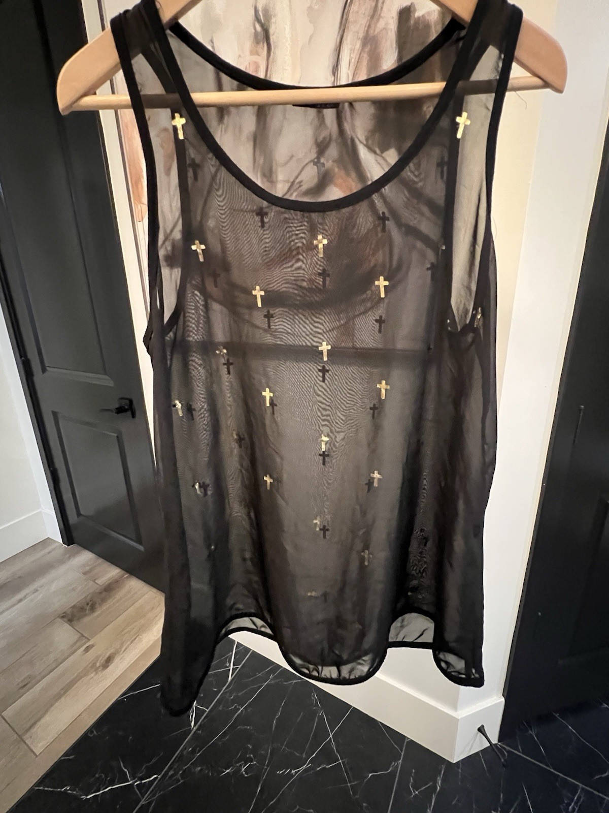 Vocal Sheer Mesh Tank Top Black Gold Cross Print Sleeveless Goth Grunge Size M