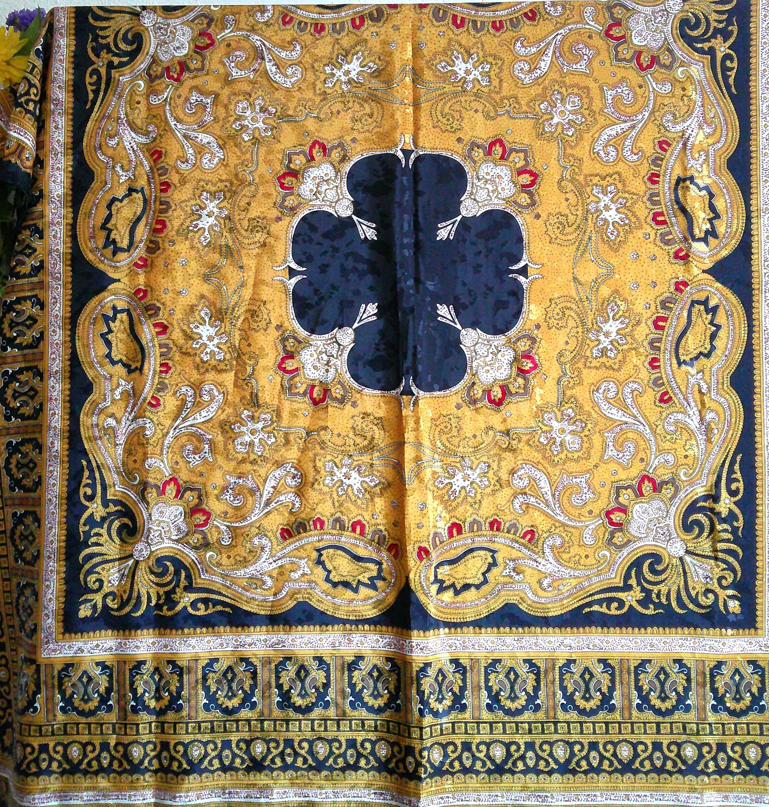 Oriental Design Scarf 35×35 Jacquard Polyester Hand Rolled Hemmed