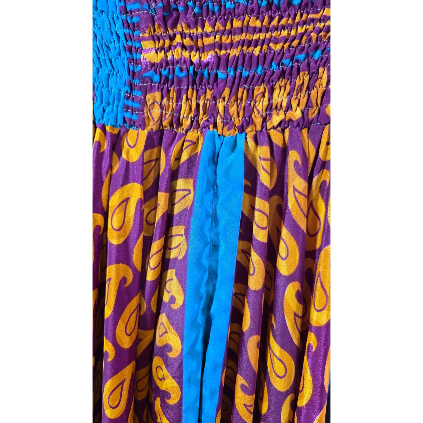 Vintage 100% Silk Wide Leg Paisley Pants Smocked Waist Purple Turquoise OS