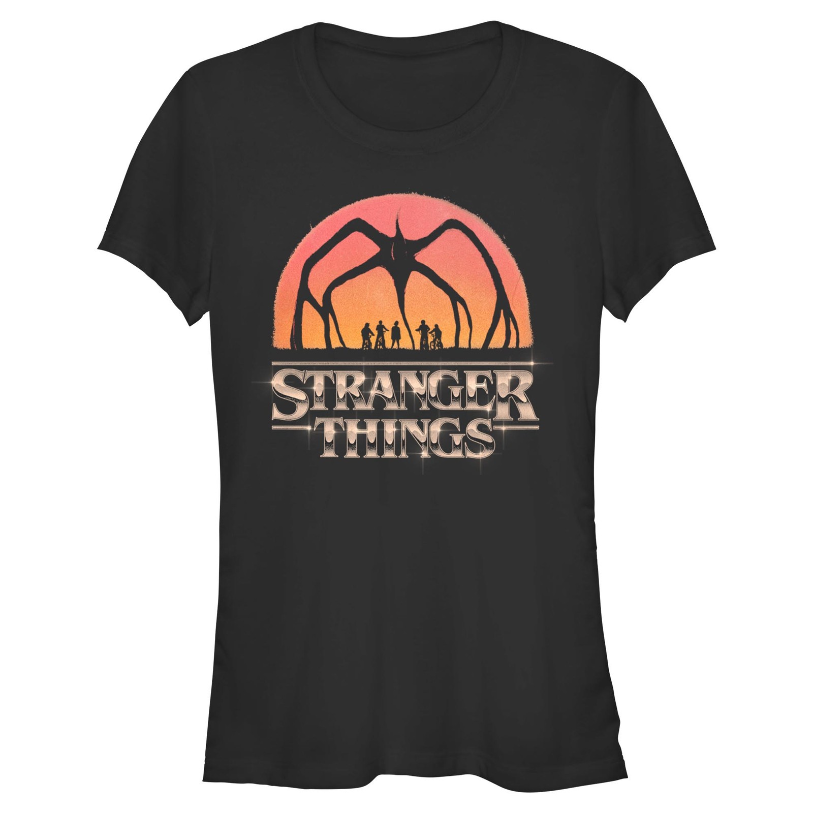 Junior’s Stranger Things Mind Flayer Sunset Chrome Logo T-Shirt