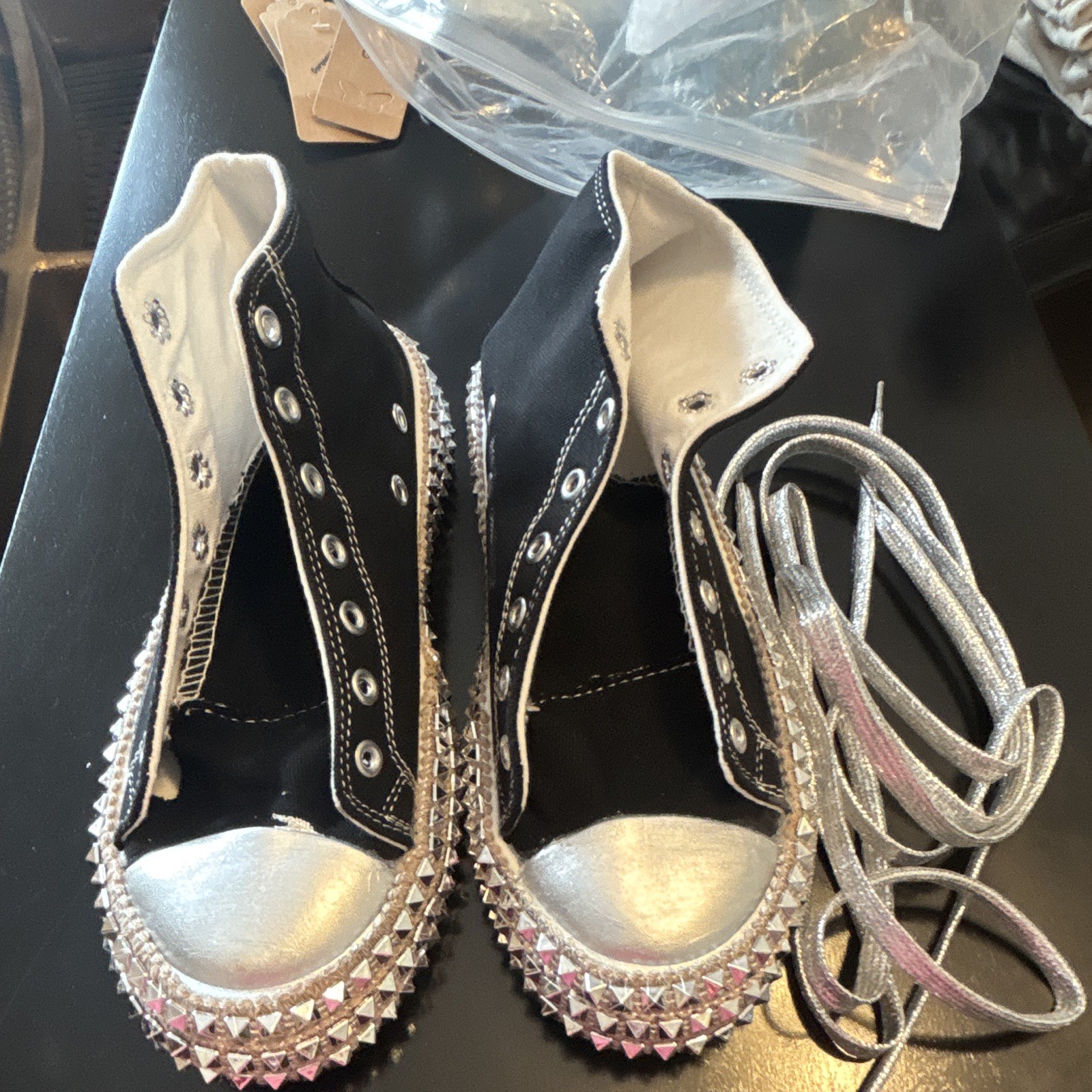 Unisex Black Silver High Top Studded Lace Up Sneakers Casual Athletic