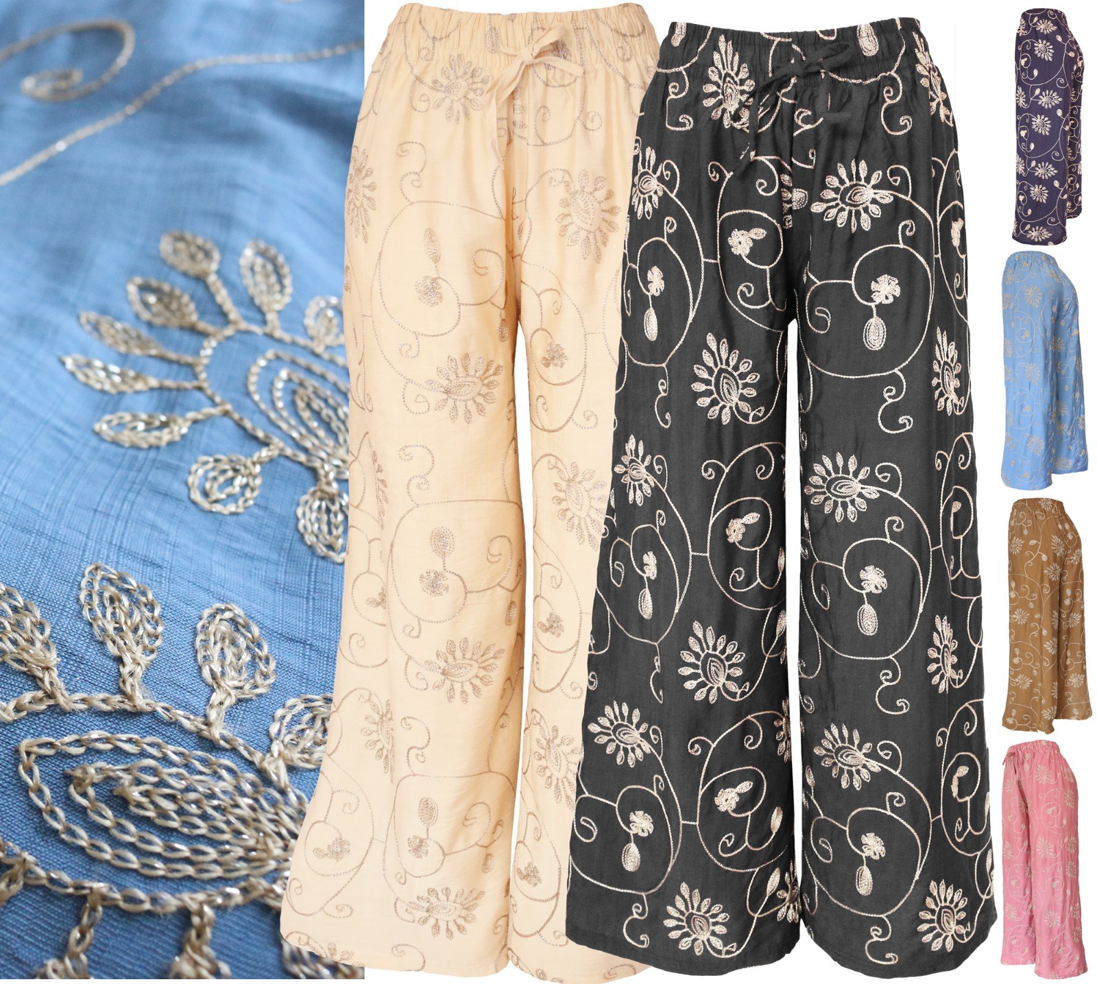 Women Embroidered Wide Leg Pants Flowers Palazzo Pants Cotton Summer Trousers
