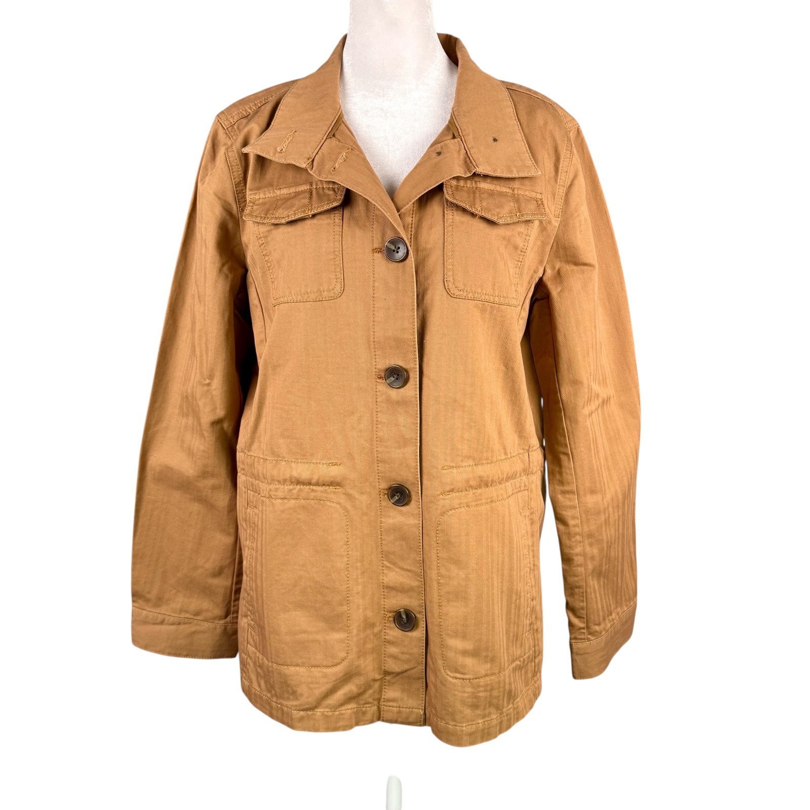Talbots L Herringbone Twill Safari Utility Jacket Caramel Brown Field Coat