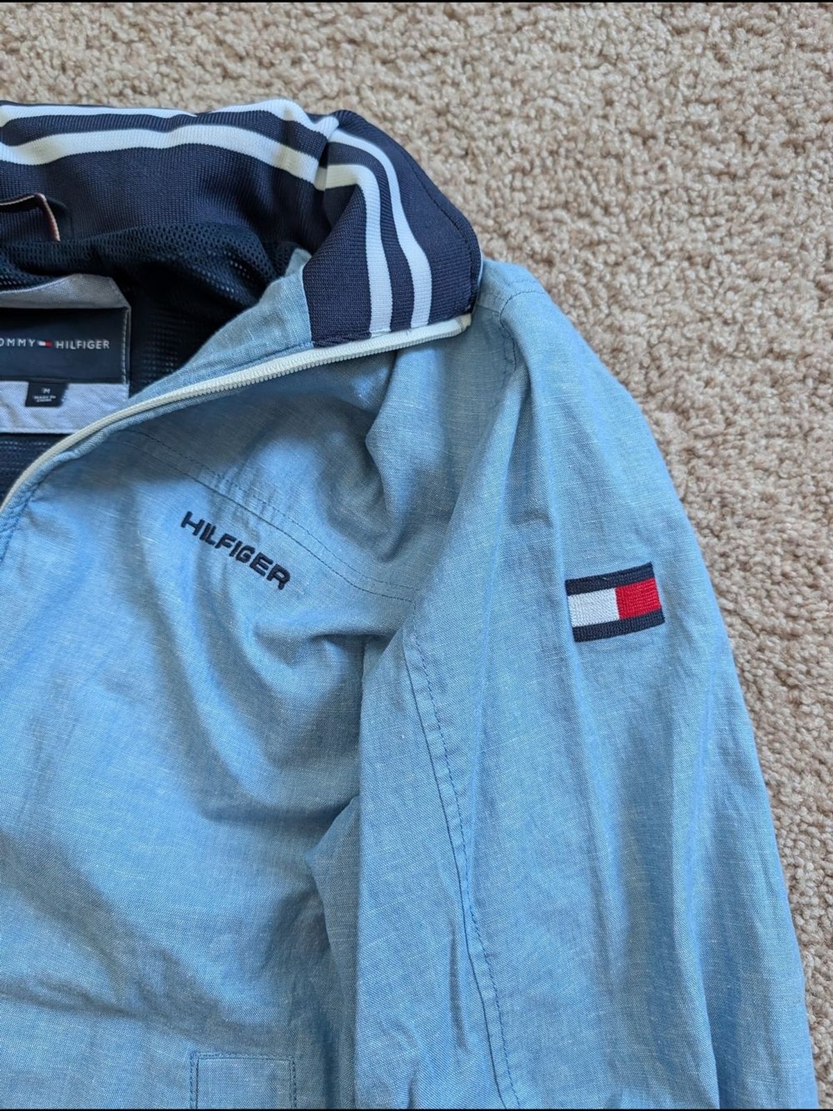 Tommy Hilfiger Mens Light Blue Regatta Linen Blend Zip Up Jacket Size Medium