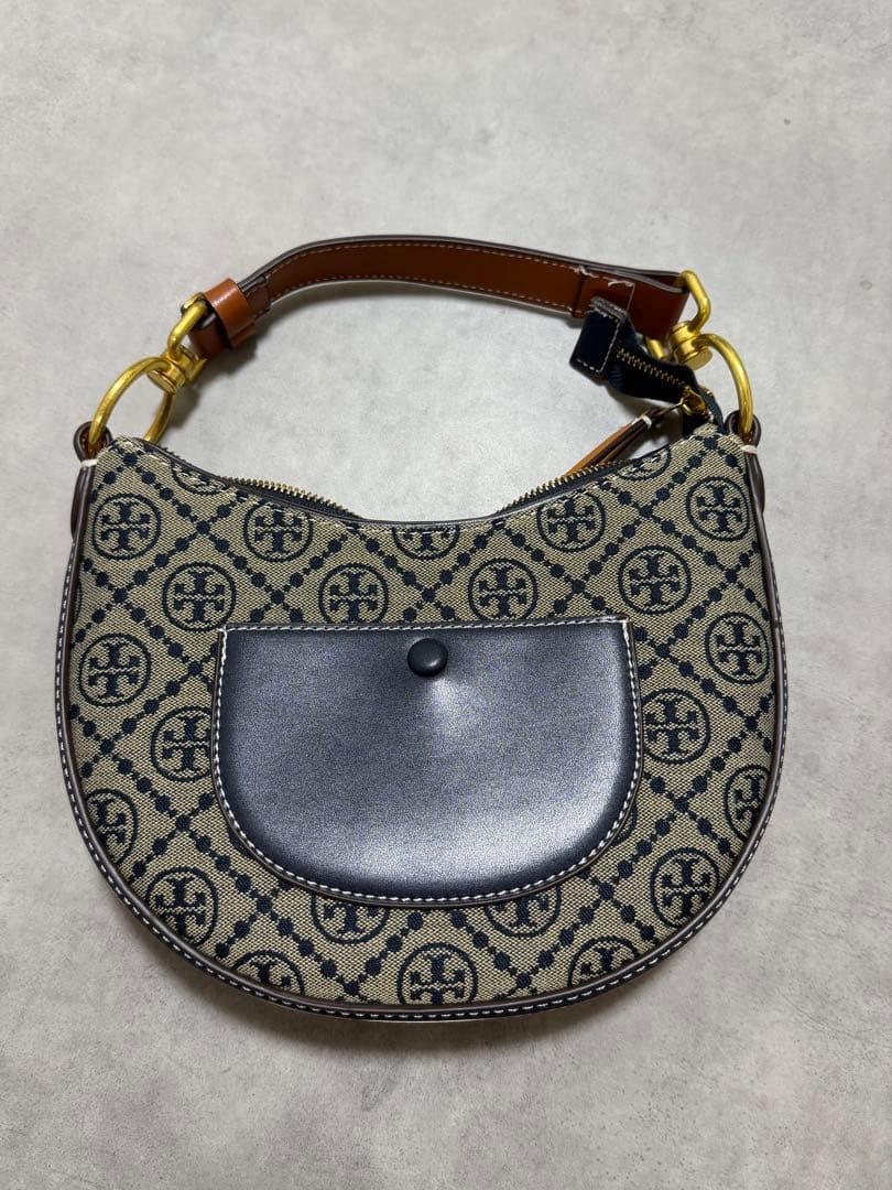 Tory Burch T Monogram Mini Crescent Bag Navy Canvas Leather Crossbody