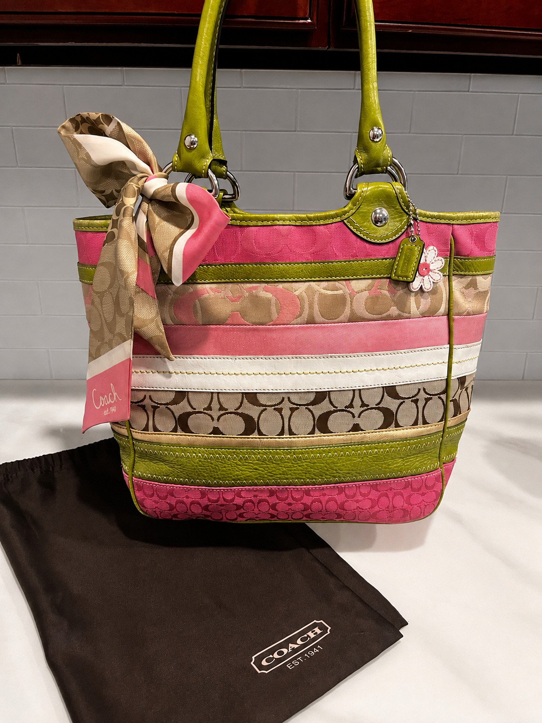 Coach Vintage Bleecker Patchwork Stripe Large Tote Shoulder Bag Pink Green Y2K
