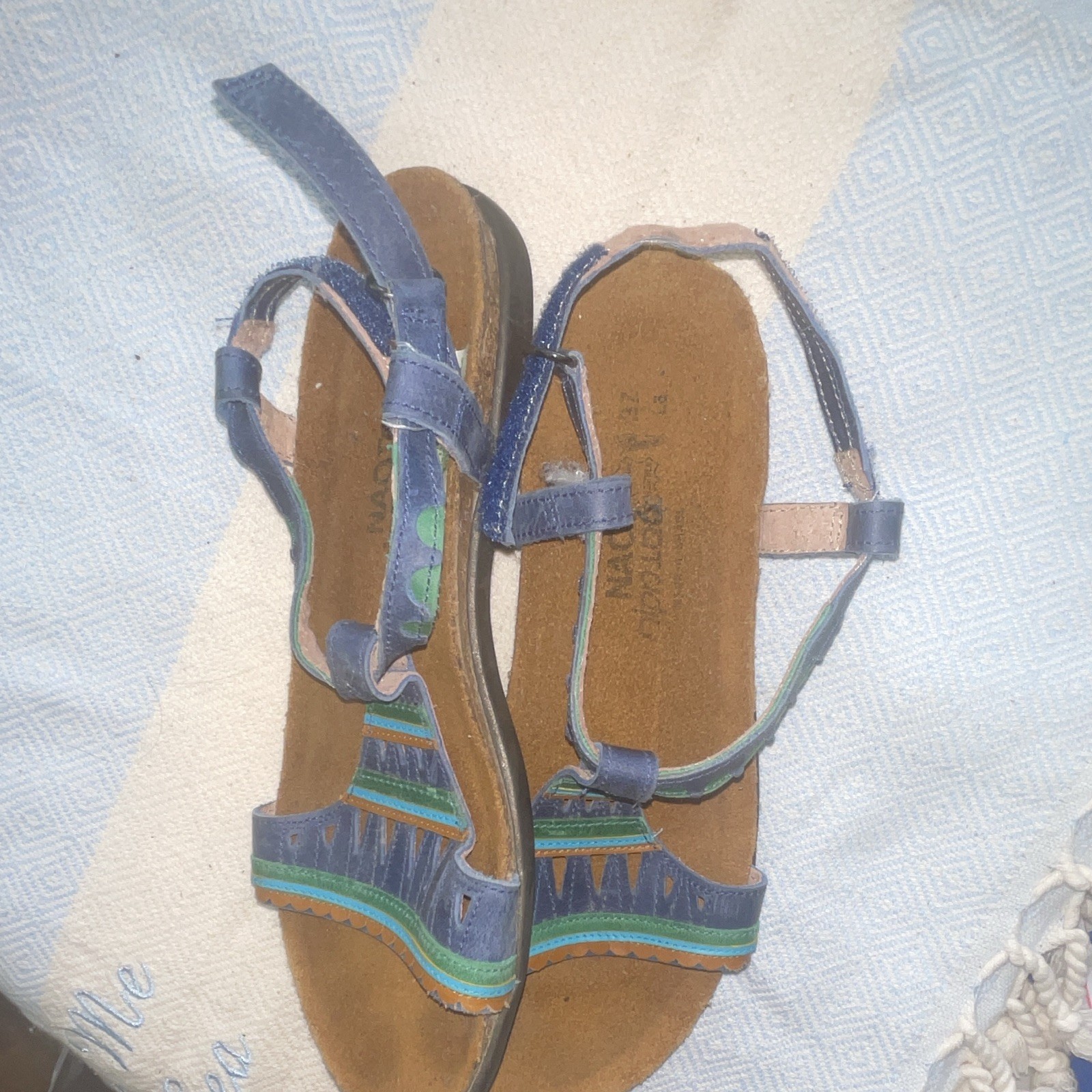 Naot Women’s Strappy Ankle Strap Sandals Leather Geometric Blue/Green/Tan 6