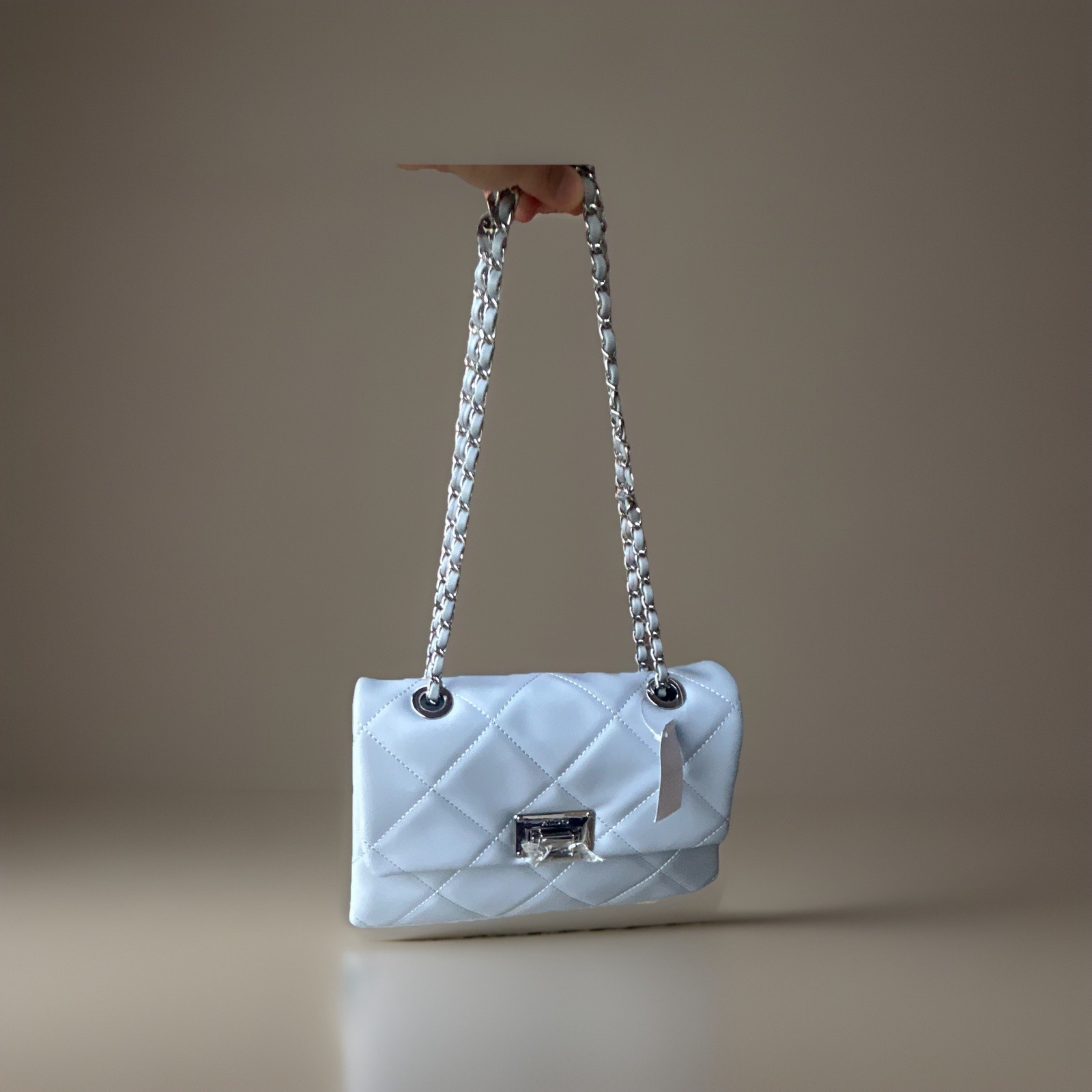 ALDO Light Blue Quilted Shoulder Bag, Chain Strap, Turn Lock, Pockets