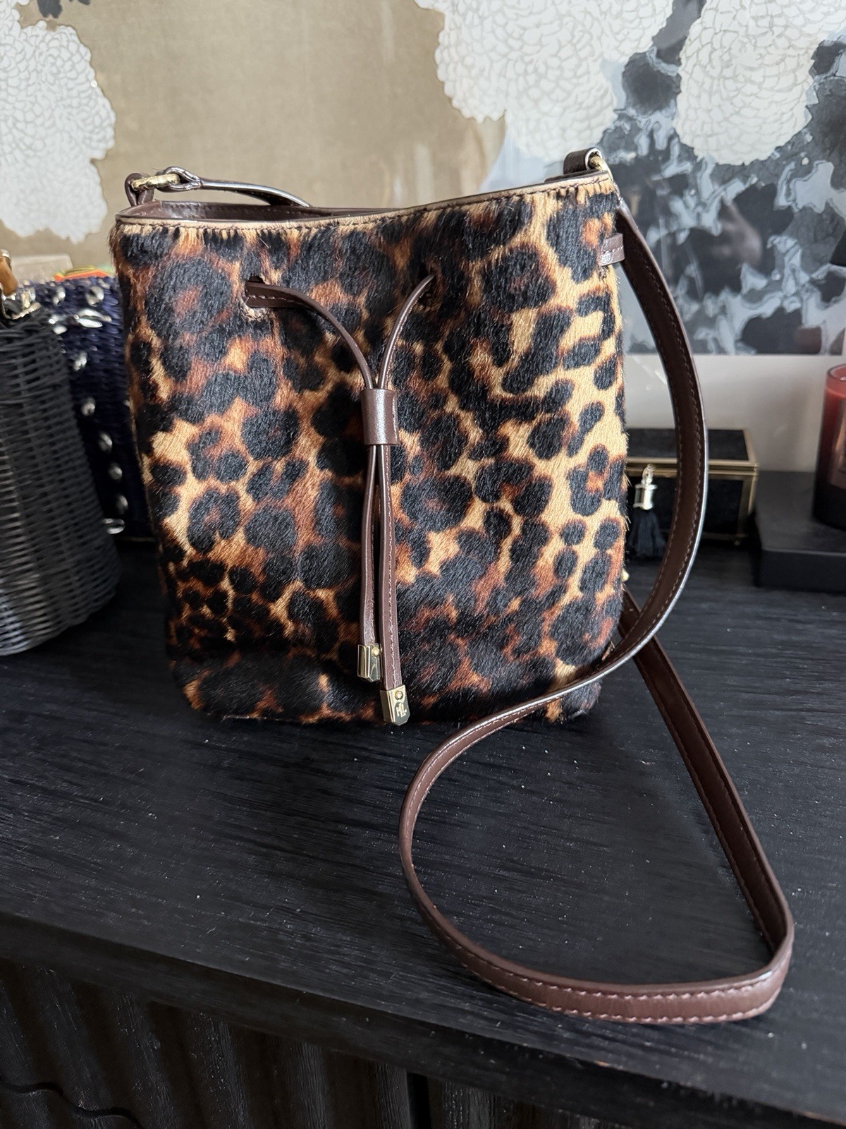 Ralph Lauren Leopard Debby Drawstring Bag Brown Black Gold Hardware