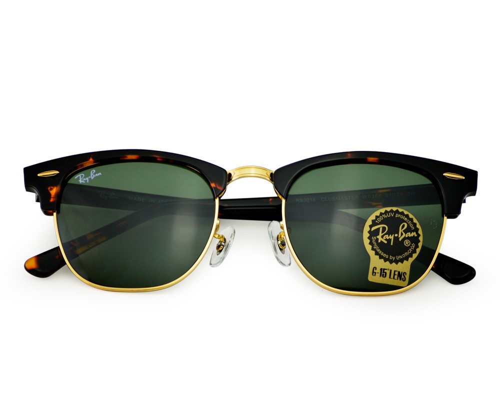 Ray-Ban Sunglasses RB3016 Clubmaster Classic Tortoise Frame Green Lenses 51mm