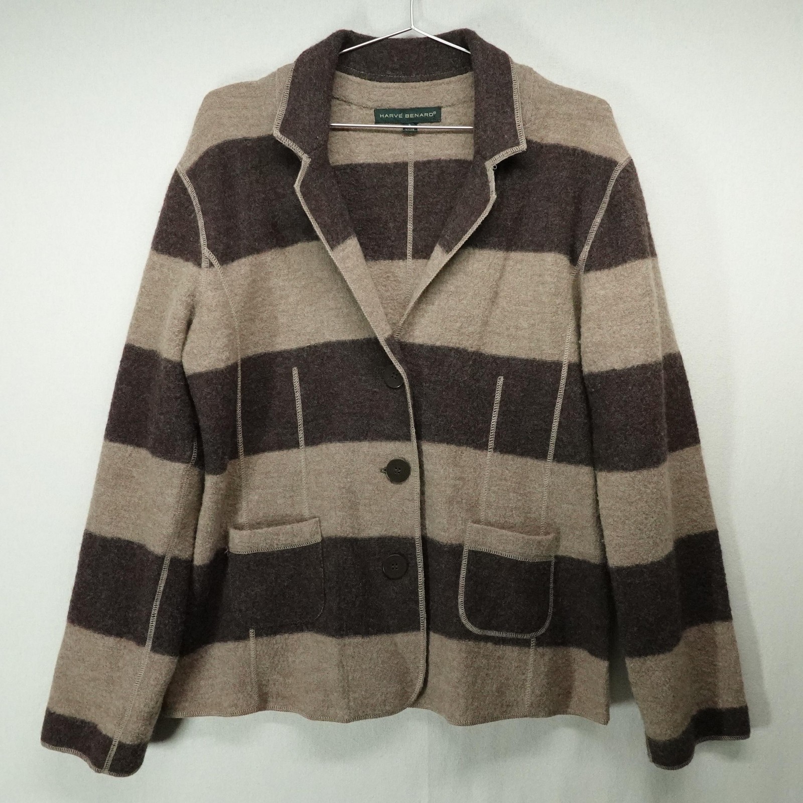Harve Benard Blazer Womens Large Brown Tan 100% Wool Striped Jacket Heritage