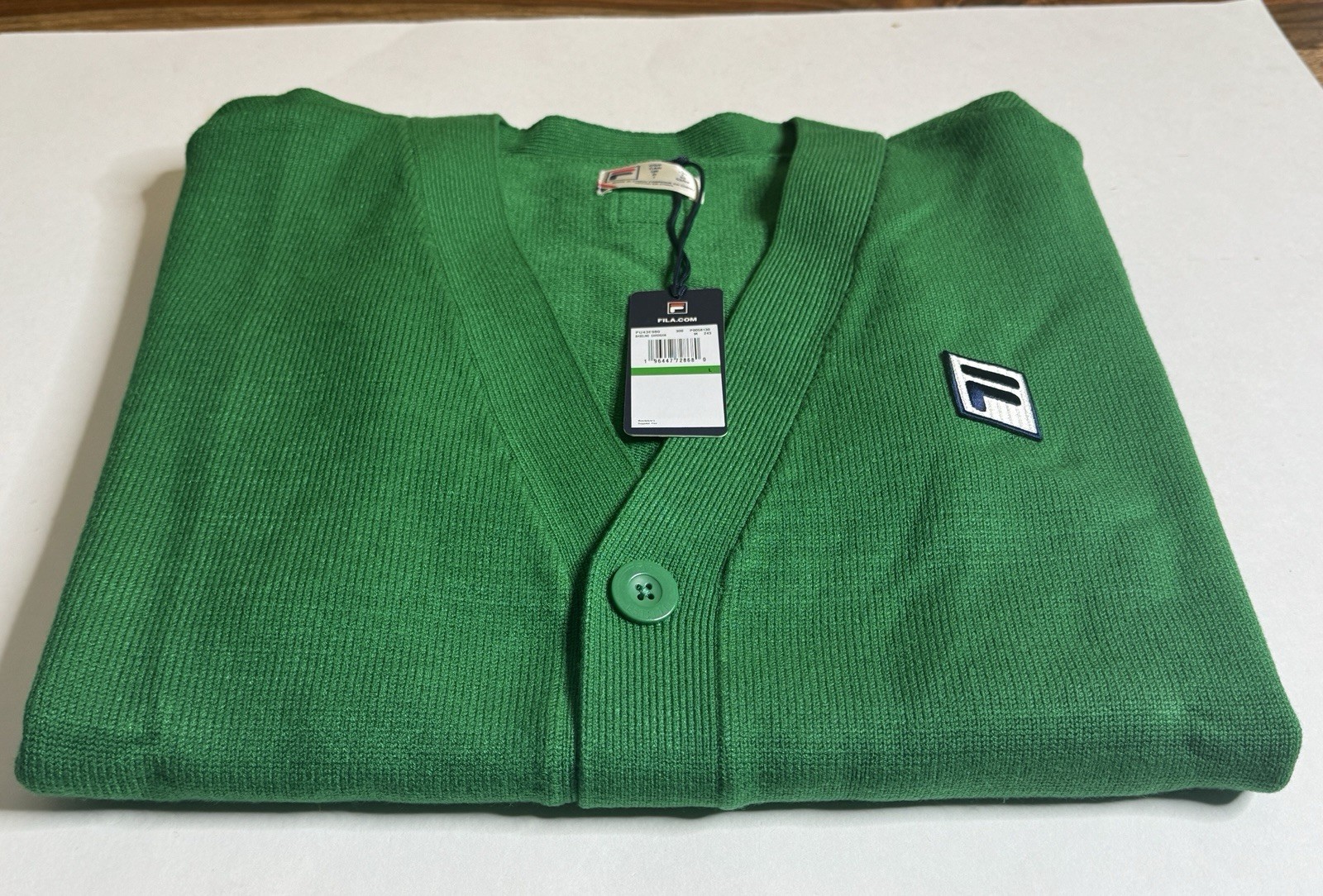 FILA Men’s Baseline Cardigan – Amazon Green, Large, w/ F-Box Logo ($150 Retail)