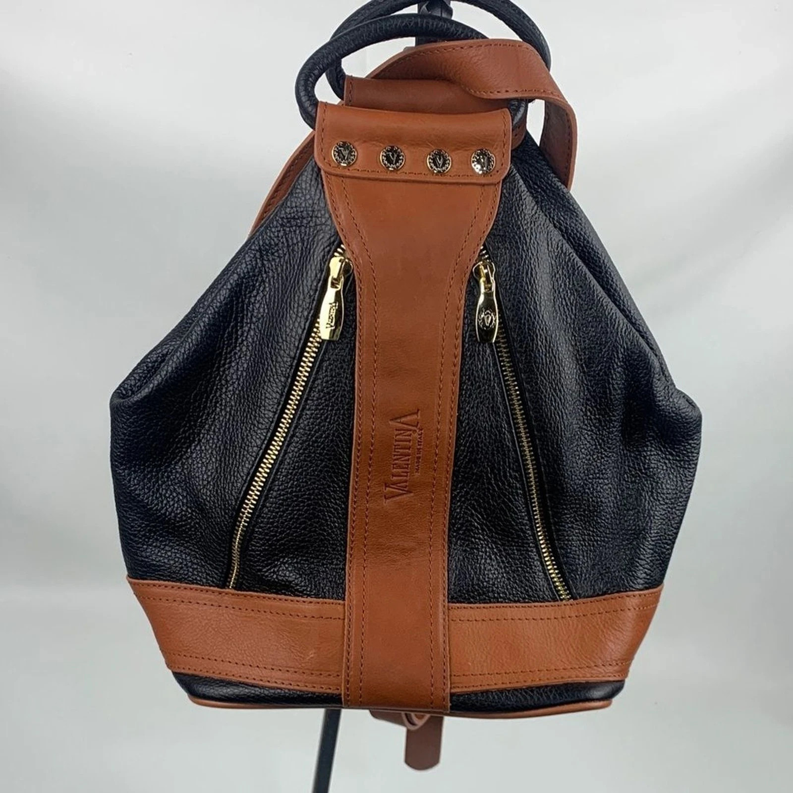 Valentina Italy Two-Tone Leather Backpack bag Brown Black Gold Zippers accents