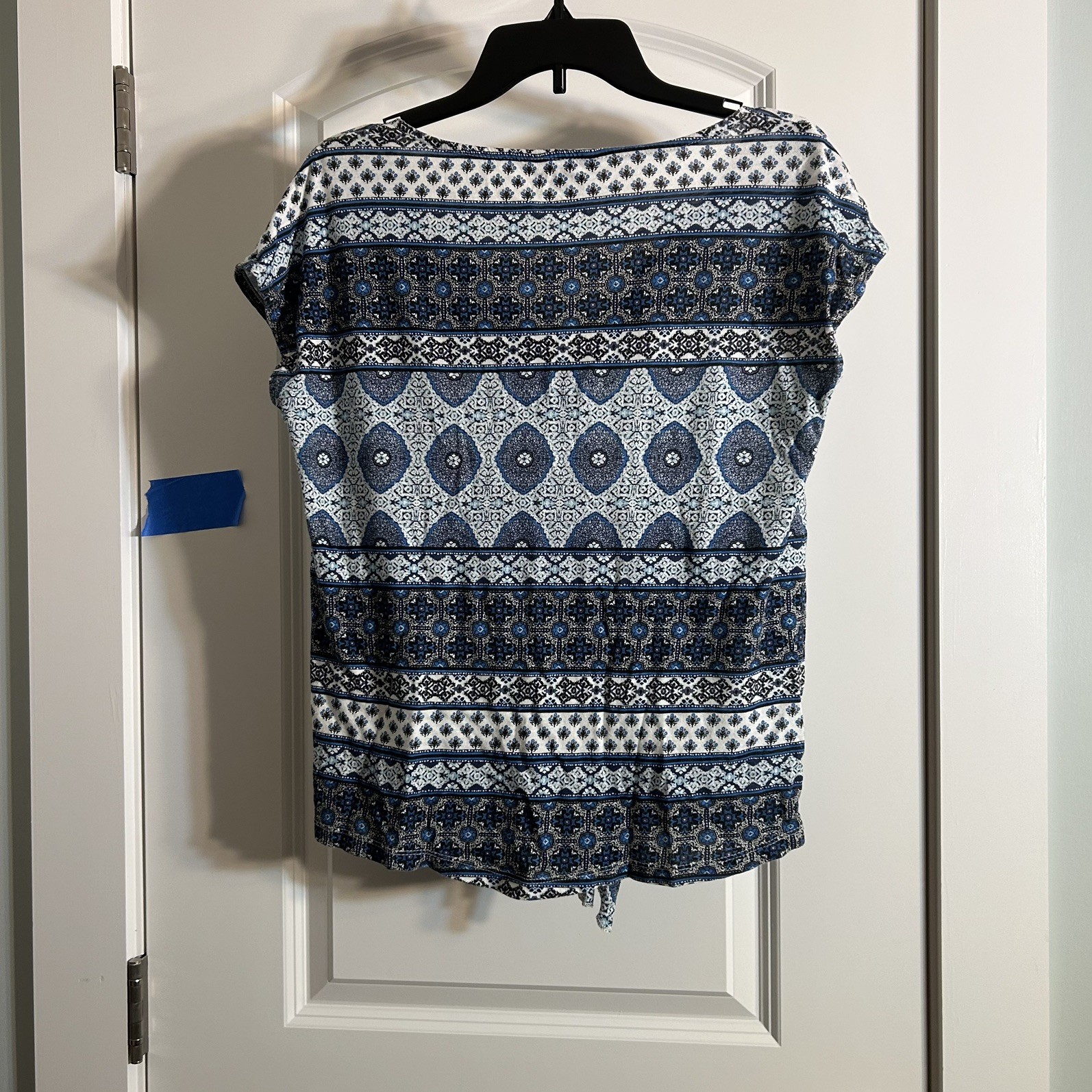 Lucky Brand PS TieFront Boho Top Blue Tribal Geometric Western Print Cap Sleeve