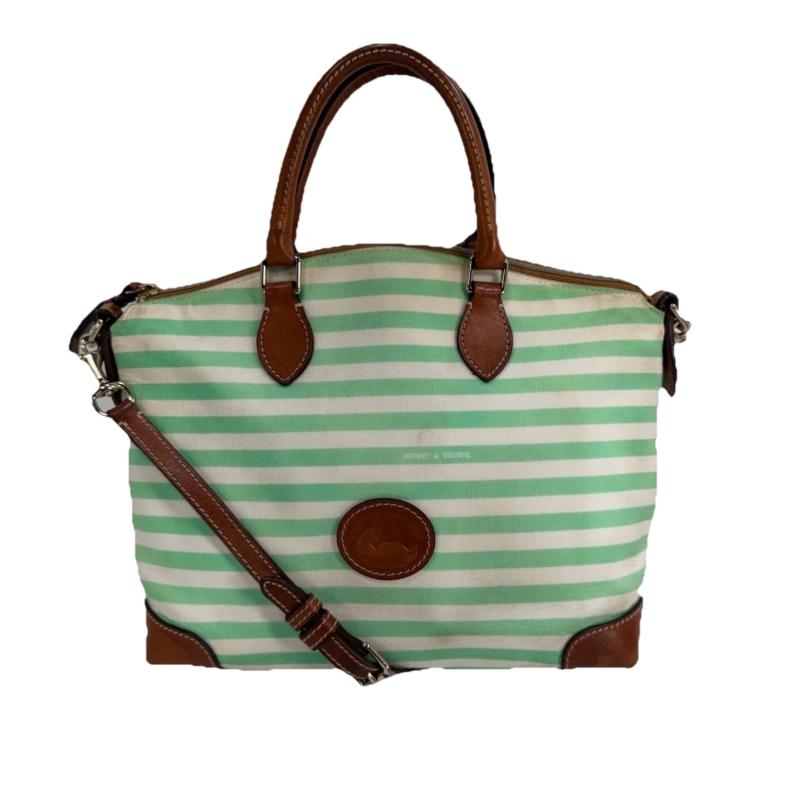 Dooney & Bourke Seafoam Striped Canvas Domed Satchel Purse w/ Strap -See Details