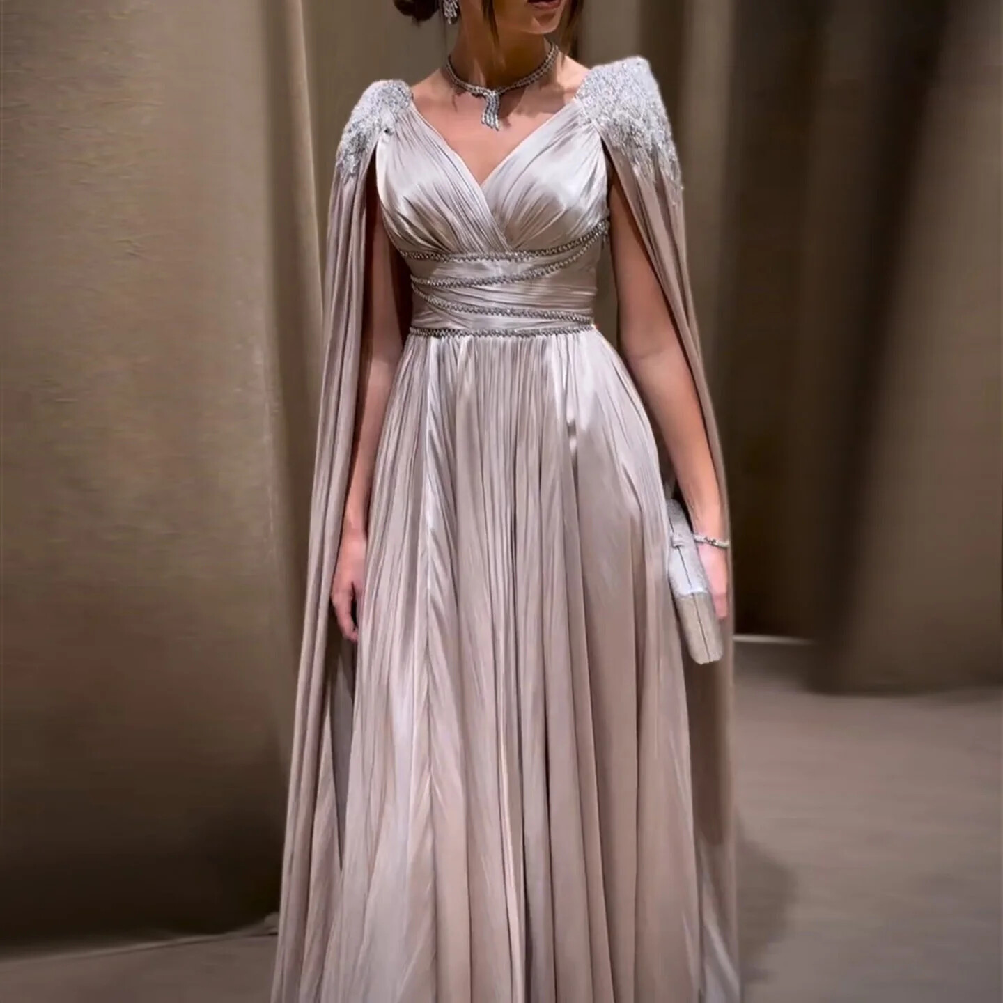 Luxury Crystal Elegant V-neck Long Evening Gown Cape Women’s Floor-length Train