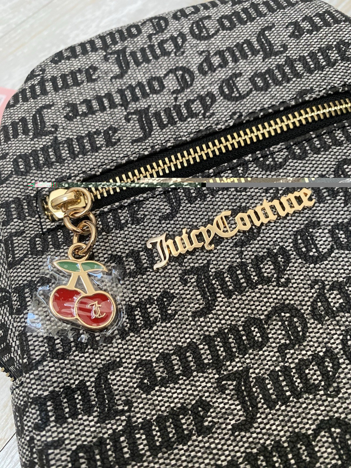 NWT Juicy Couture Status Black Beige Juicy Fruit Sling Bag Cherry Charm