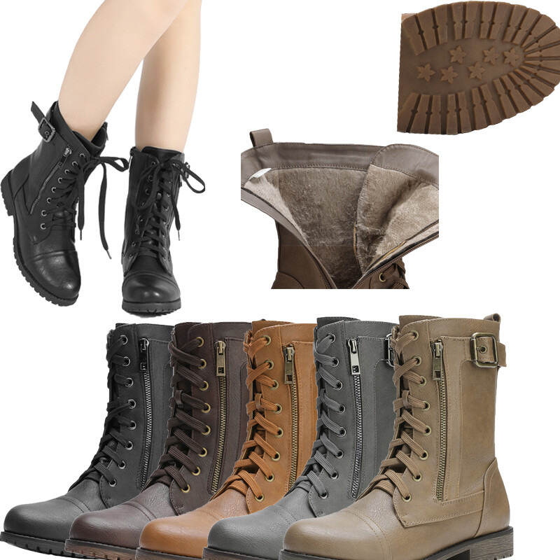 DREAM PAIRS Women’s Leather Lace Up Zipper Combat Mid Calf Boots Shoes Size US
