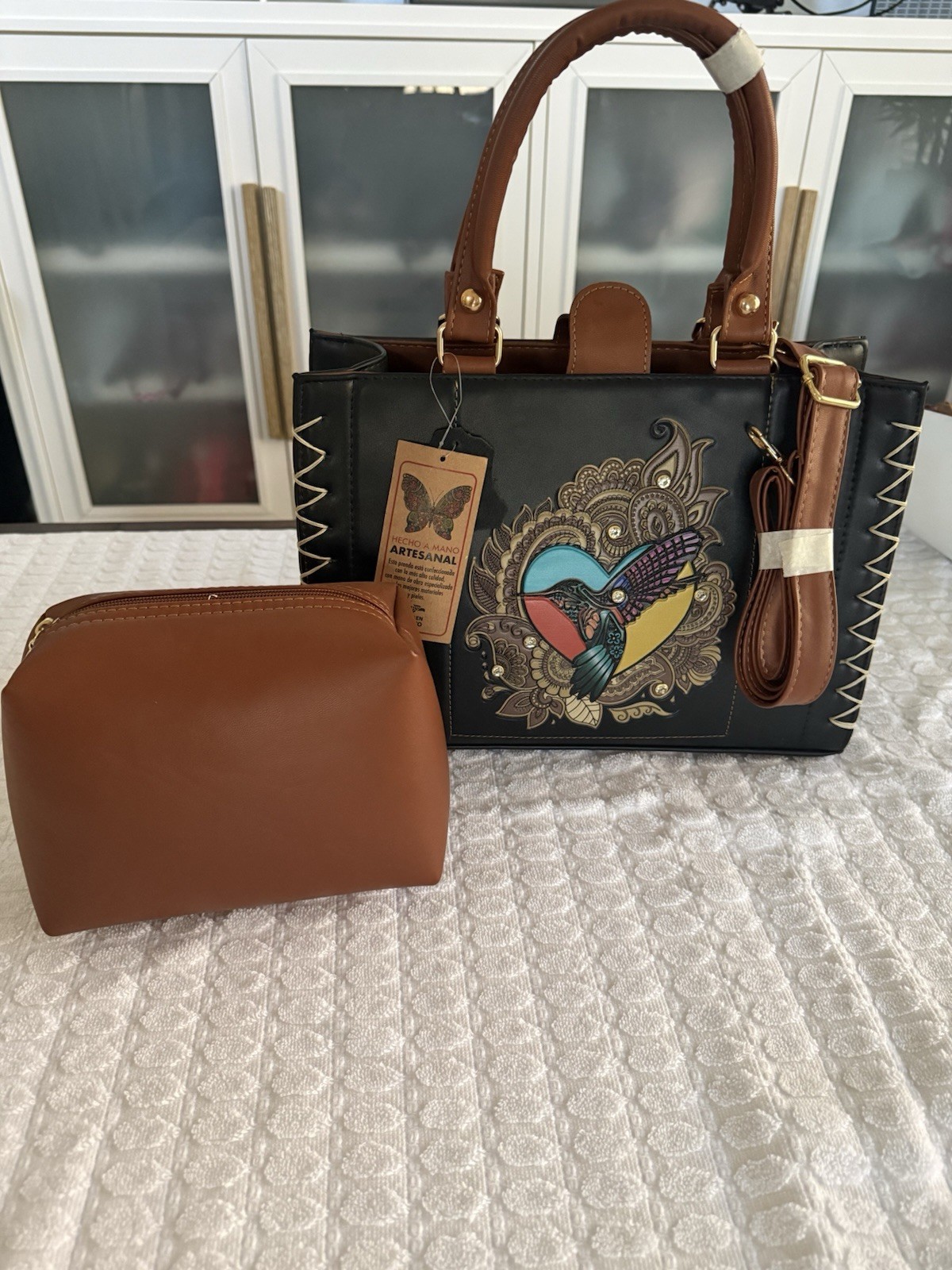 Women’s Black/Brown Hummingbird Satchel Top Handle, Detachable Strap, Pouch