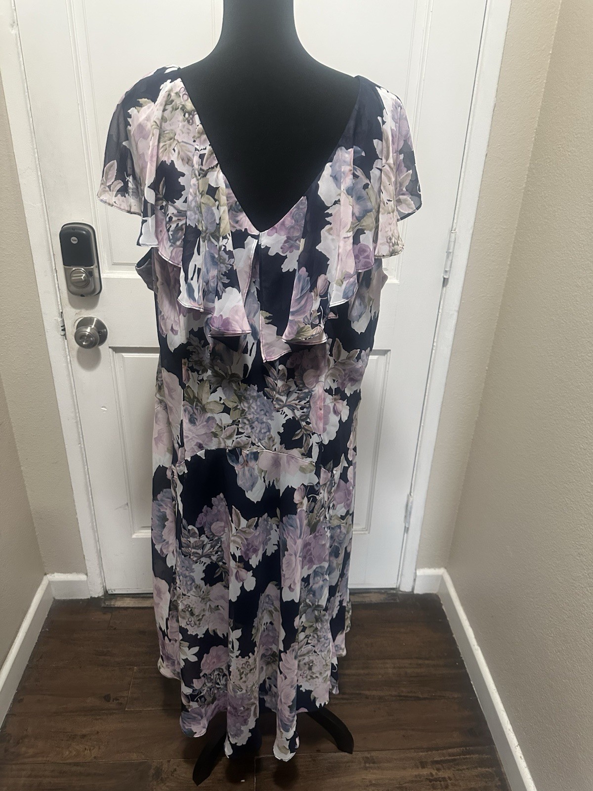 Connected Apparel 22W Navy Purple Floral Chiffon Maxi Dress V-Neck Ruffle