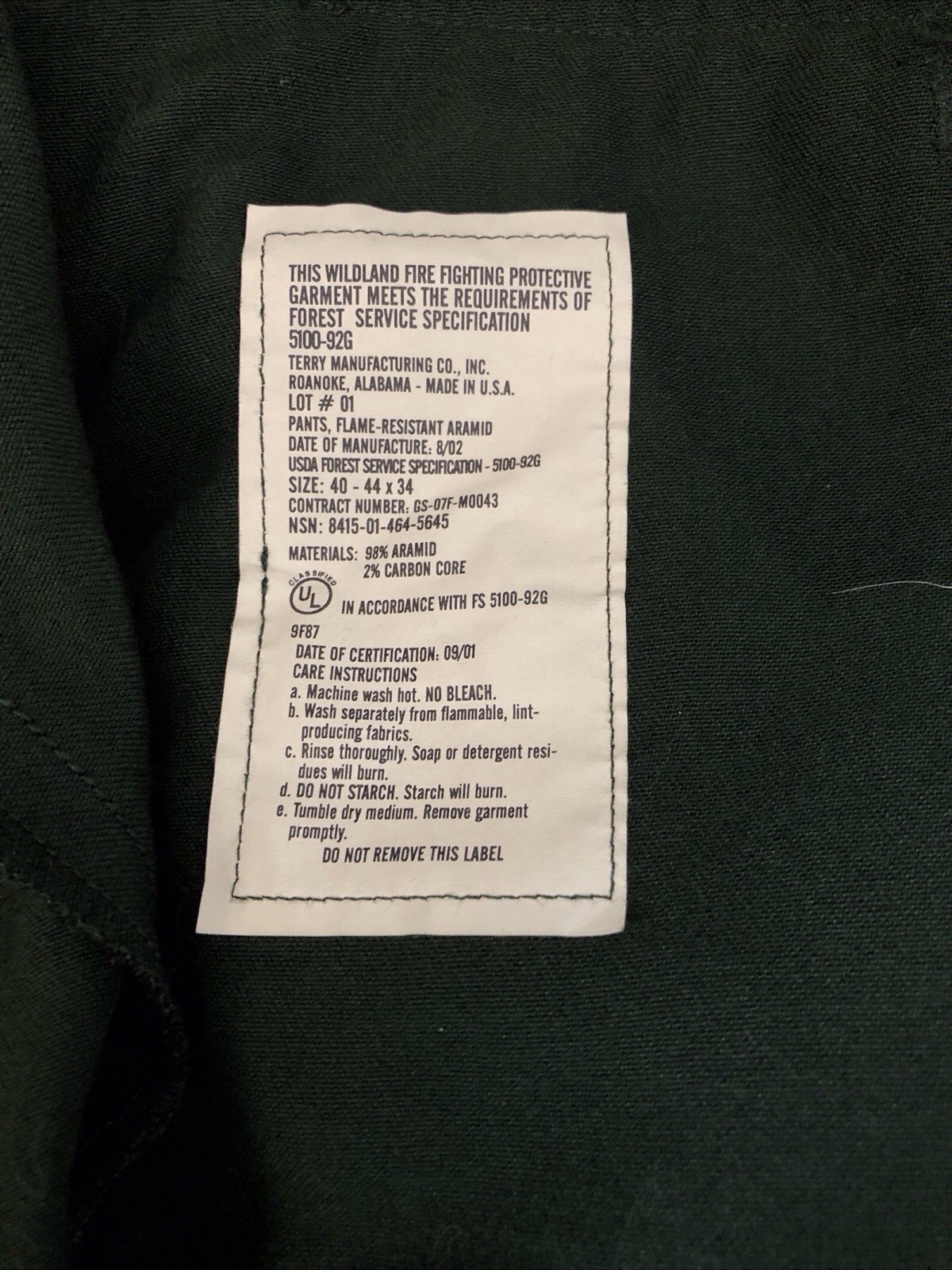 Terry Manuf Wildland Firefighting Pants Men 40-44 X 34 Aramid Flame Resistant