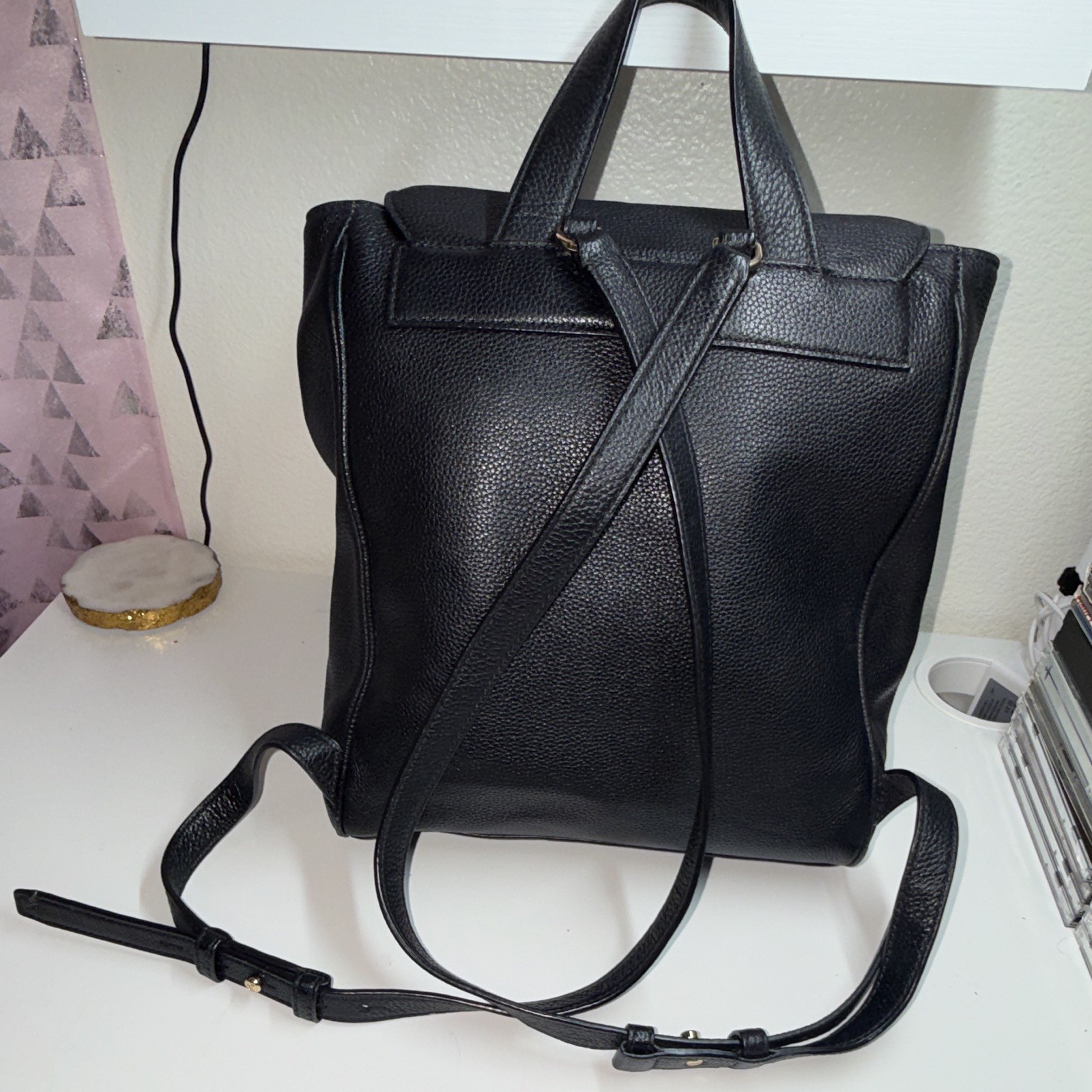 Tory Burch Black Pebbled Backpack Clasp Gold Hardware Logo Tassel Adjustable
