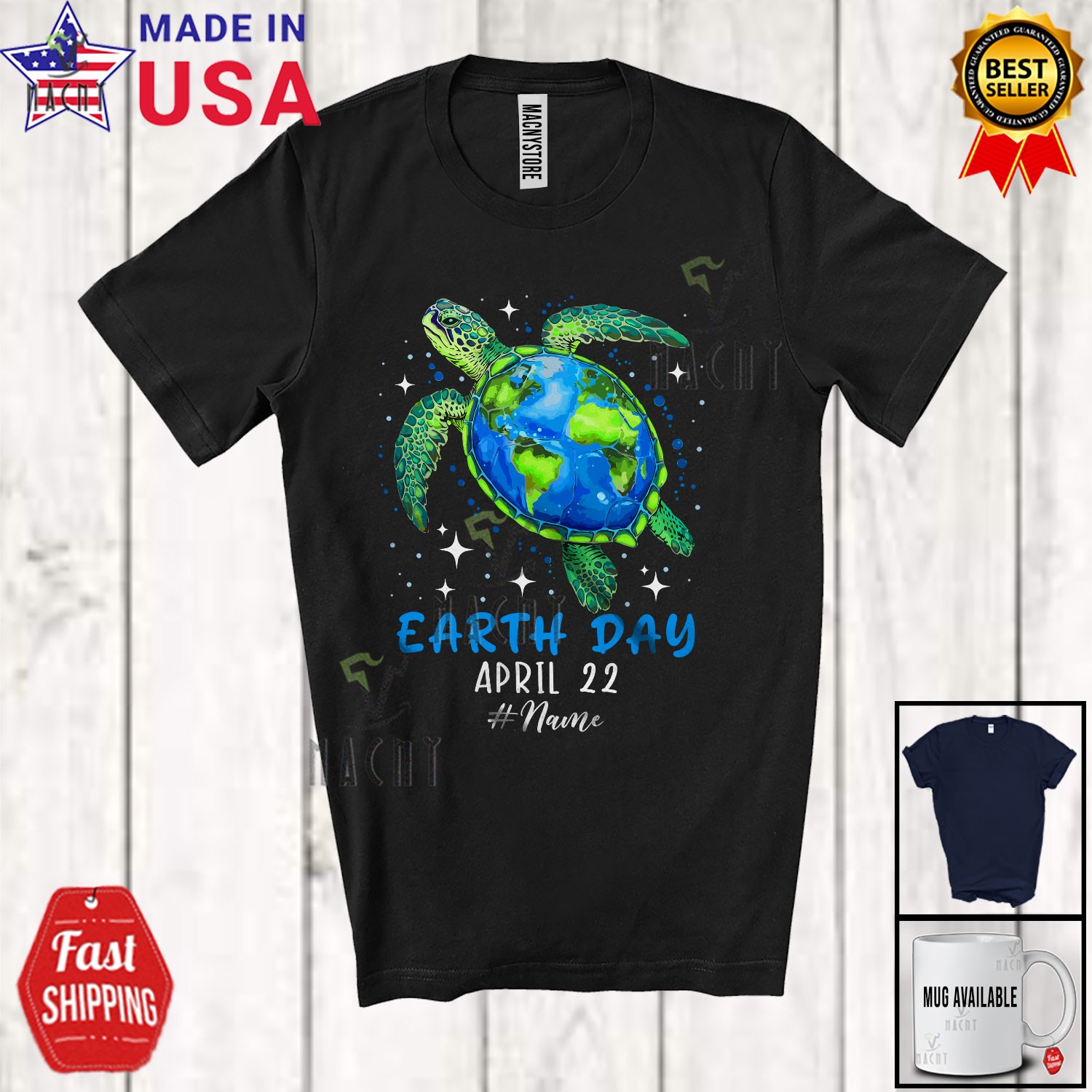 Custom Name Earth Day 2025; Lovely Earth Sea Turtle Art; Save the Planet T-Shirt