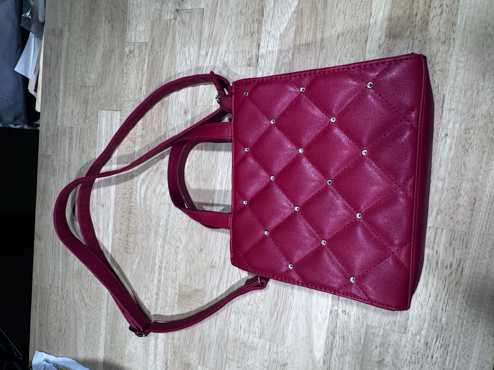 Medium Red Leather Women’s Faux Diamond Studded Handbag