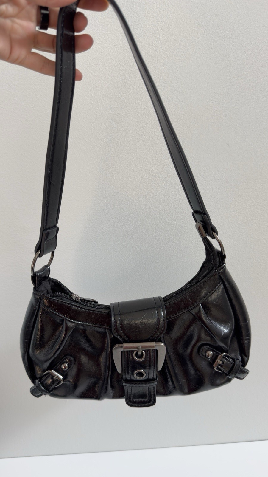 Black Shoulder Bag Zip Top Buckle Accent Adjustable Strap Silver Hardware