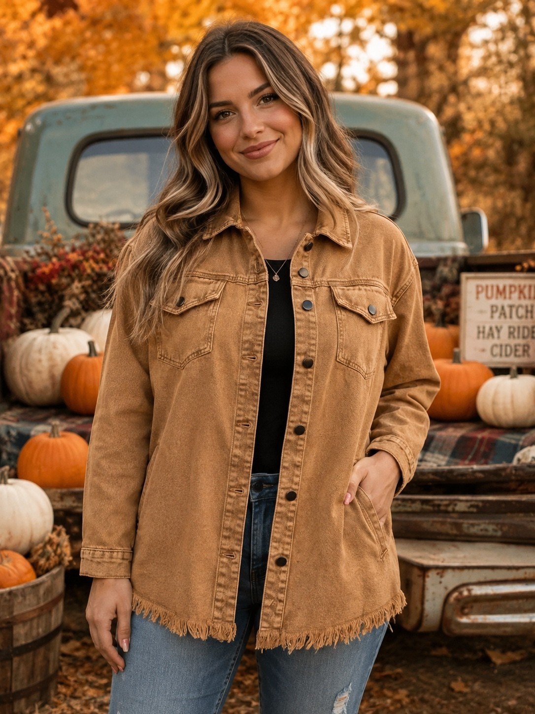 1040 Casual Tan Soft Denim Jacket Large 22″ PTP Frayed Hem Button Up A0001040