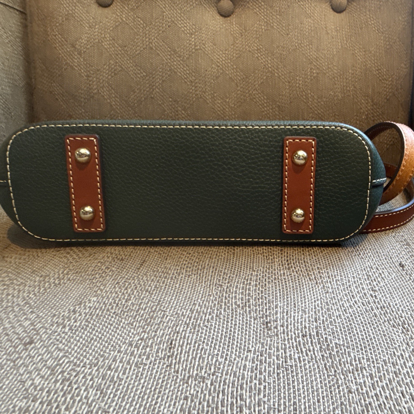 Dooney & Bourke Pebbled Green/Brown Zip Crossbody, Gold Hardware, Pockets