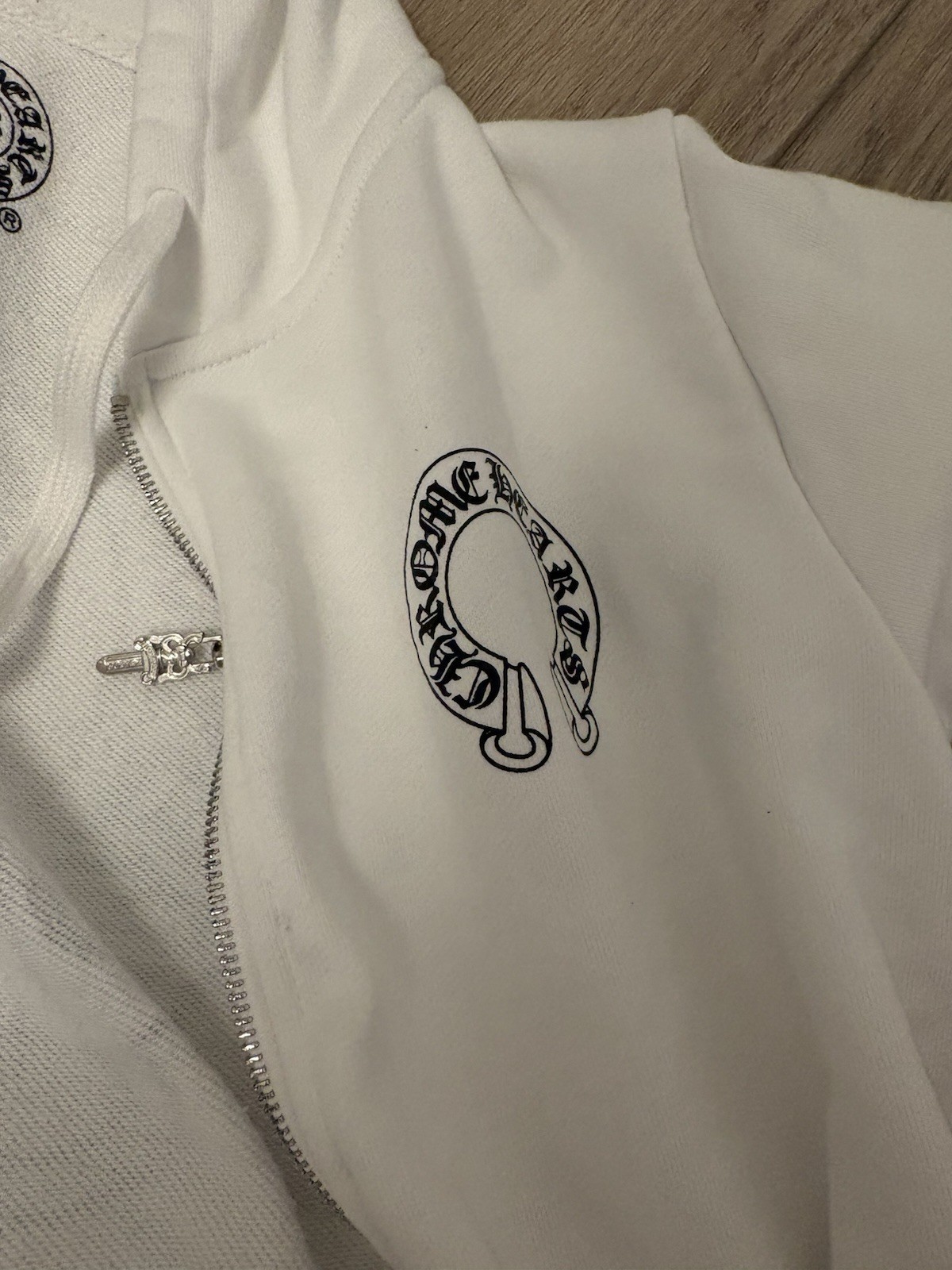 Chrome Hearts Men’s White Full Zip Hooded Cotton Knit Logo Hoodie Size S