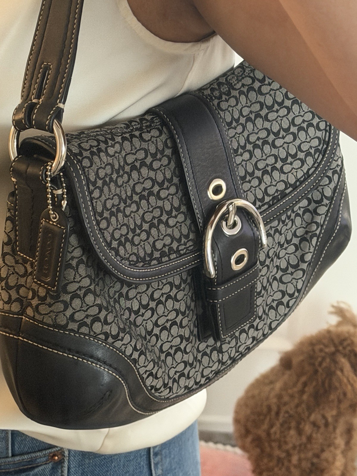 Coach Signature Black Gray Shoulder Bag Buckle Zip Closure Charm Silver HW