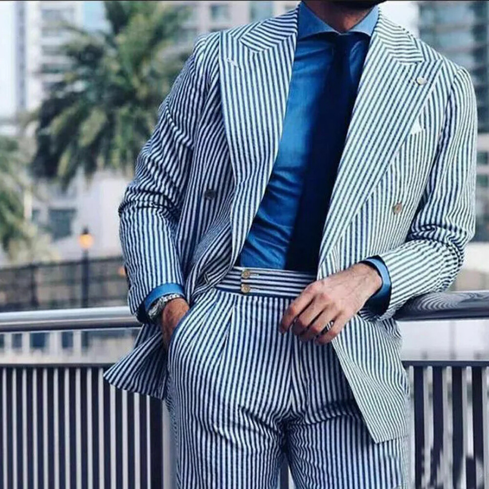 Striped Seersucker Men’s Suits Double Breasted Formal Business Office Jacket Set