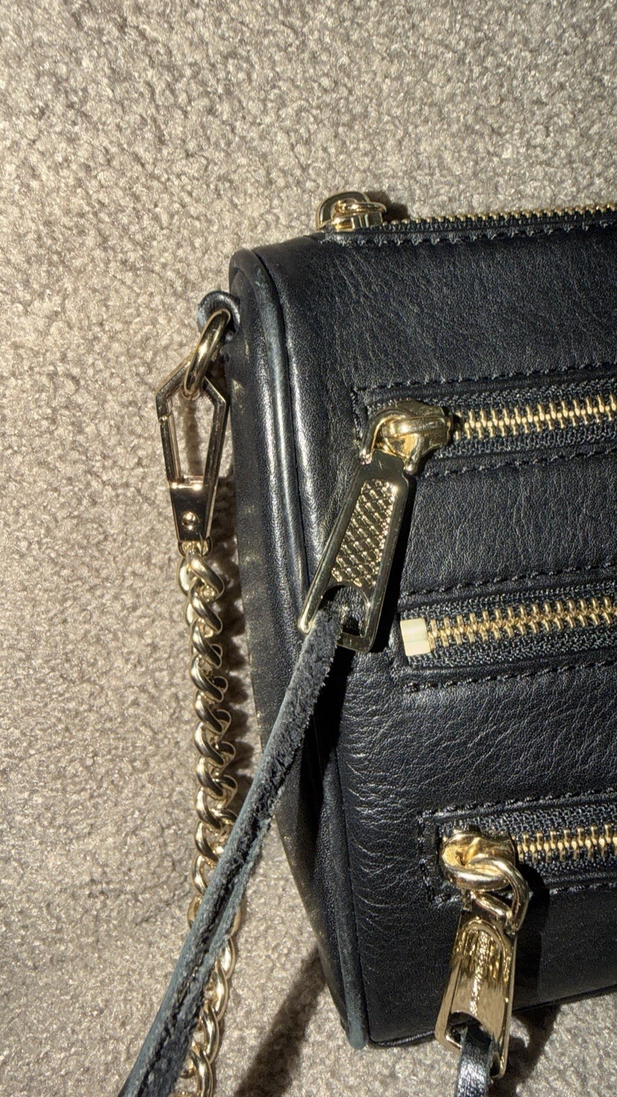 Rebecca Minkoff Black Crossbody Bag Gold Hardware Chain Strap Zip Pockets