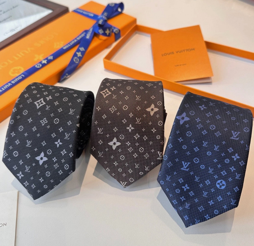 L.V. Paris Designer Silk Tie Black Grey Monogram Pattern Luxury Necktie w/ Box