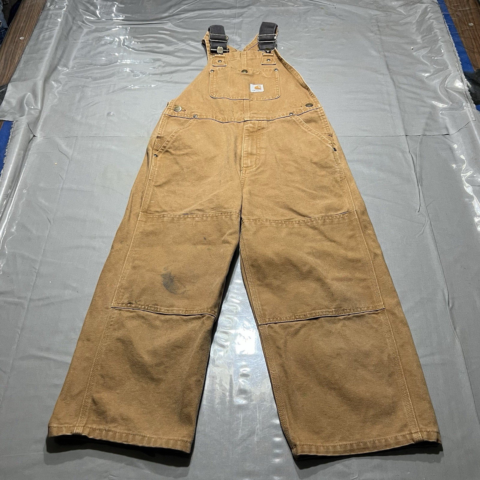 Vintage Tan Carhartt duck bib overalls Double Knee Size Youth Boys 8 Ox8601-b